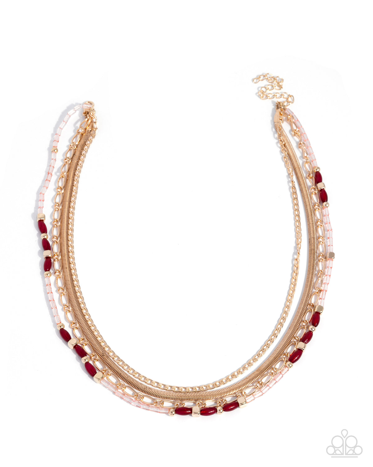 A multi-strand statement necklace featuring gold-tone chains, clear rhinestone-encrusted strands, pale pink beaded layers, and dark red oval accents, displayed on a clean white background.