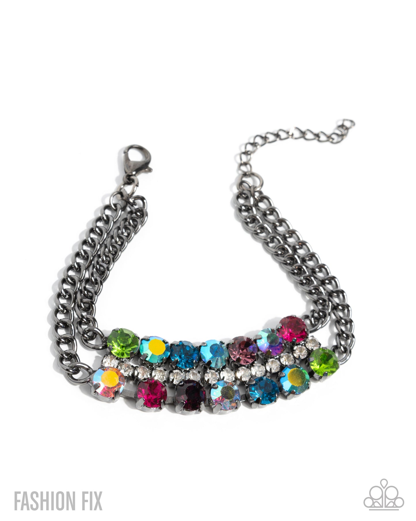Multicolored gemstone bracelet on a white background with 'Fashion Fix' branding.