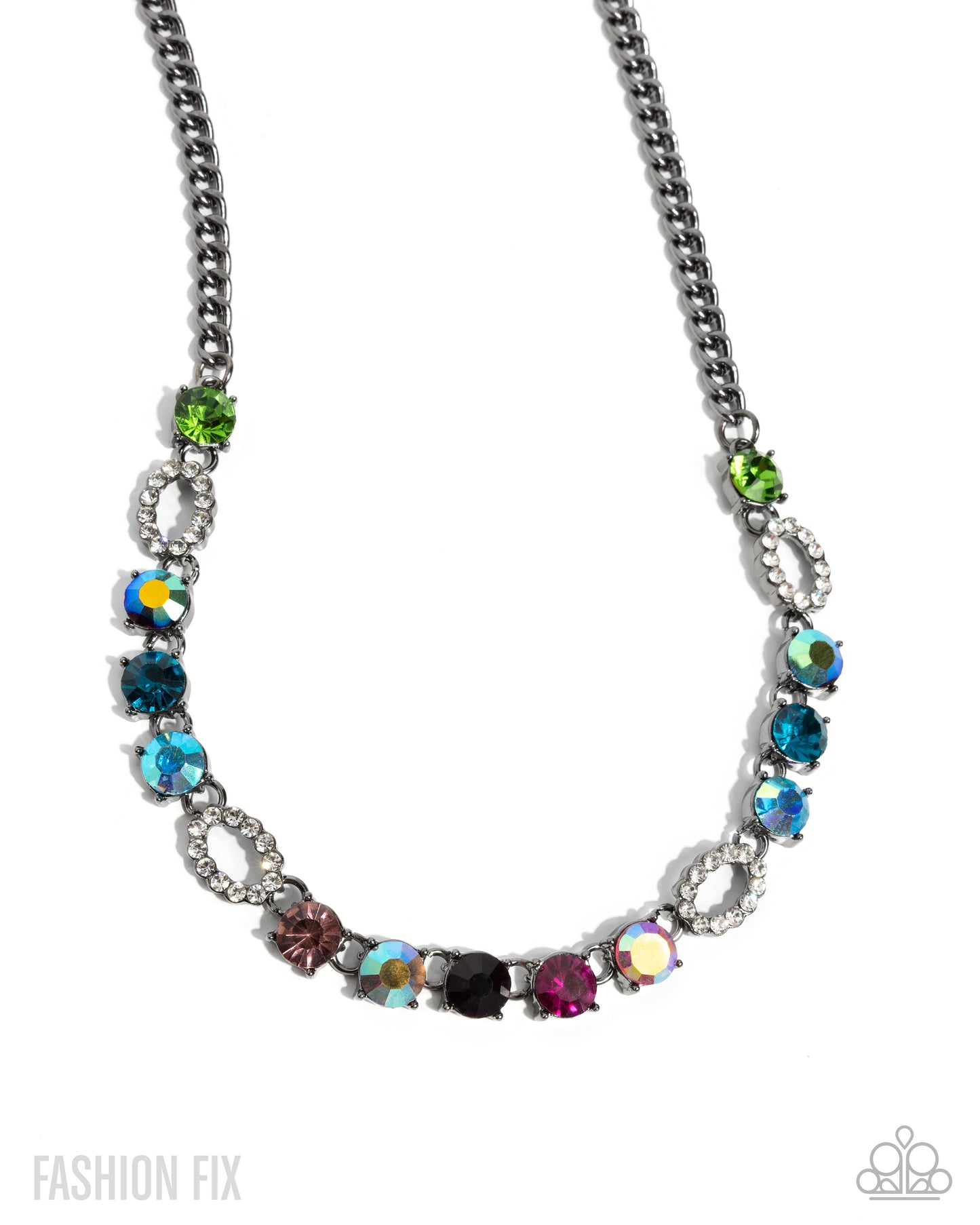 Necklace with multicolored gemstones on a white background