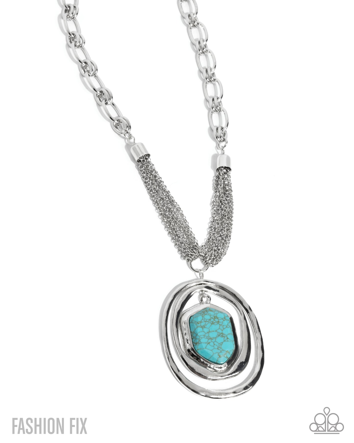 Silver necklace with a turquoise pendant on a white background