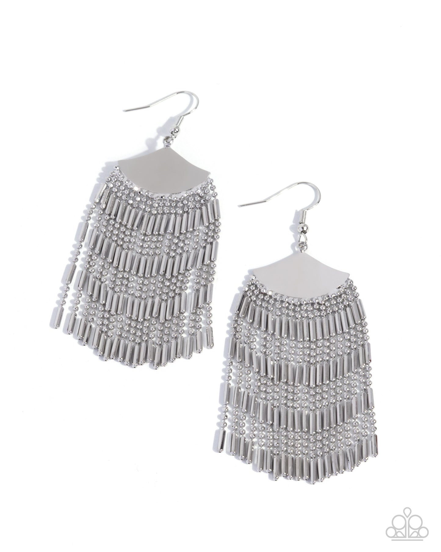 Pair of silver fringe earrings on a white background