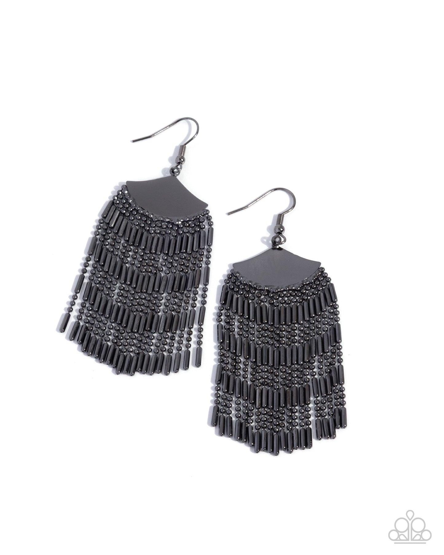 Pair of black fringe earrings on a white background
