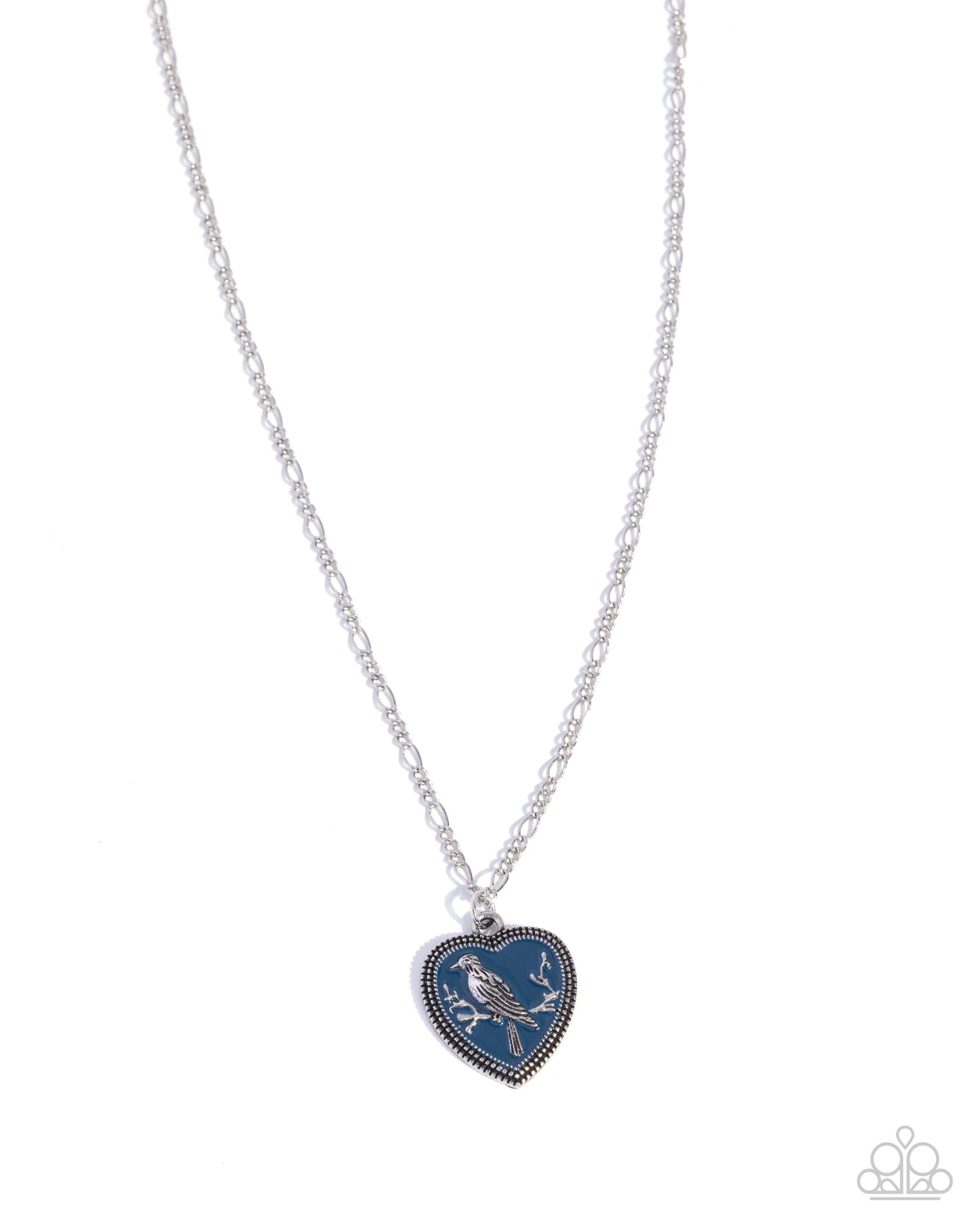 Heart-shaped blue pendant on a silver chain against a white background
