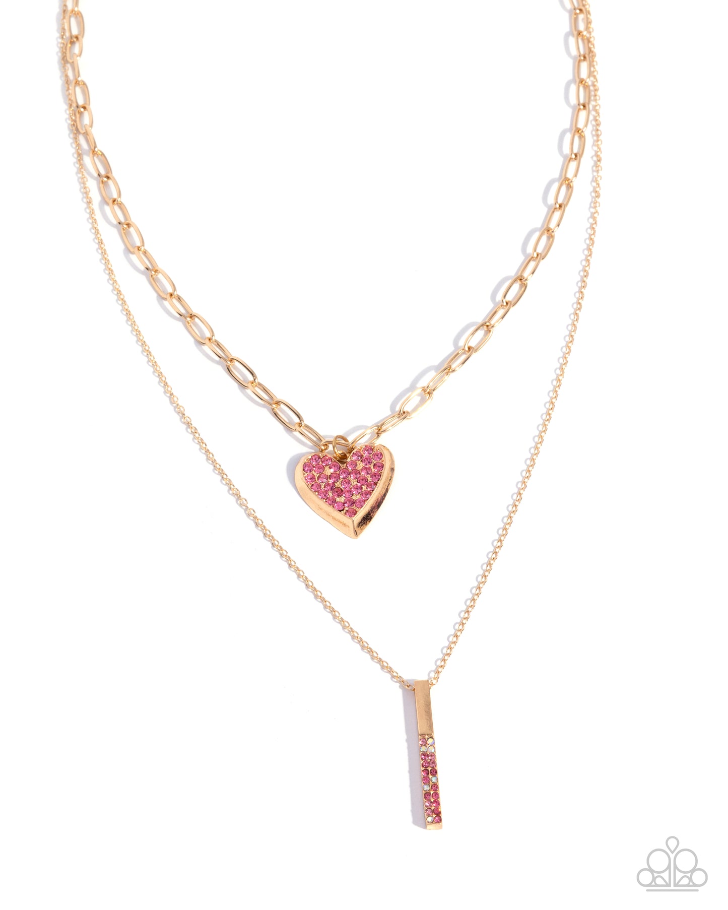 Two gold necklaces with heart and bar pendants on a white background