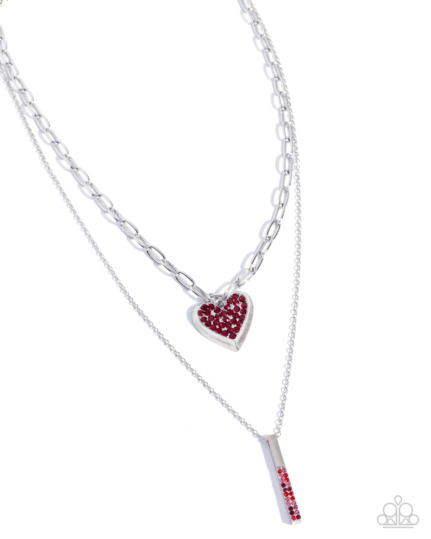 Two silver necklaces with heart and bar pendants on a white background