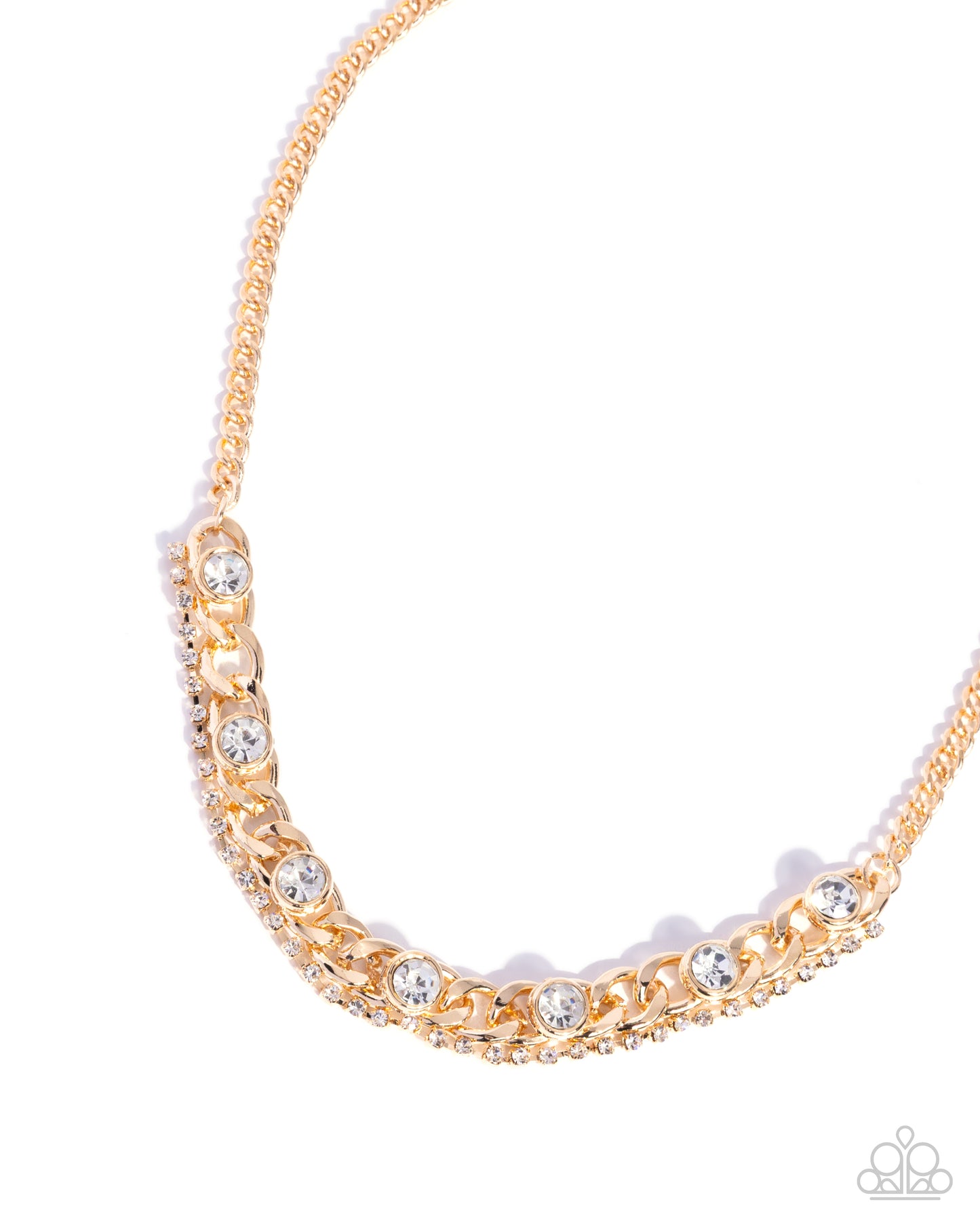 Gold necklace with clear gemstones on a white background