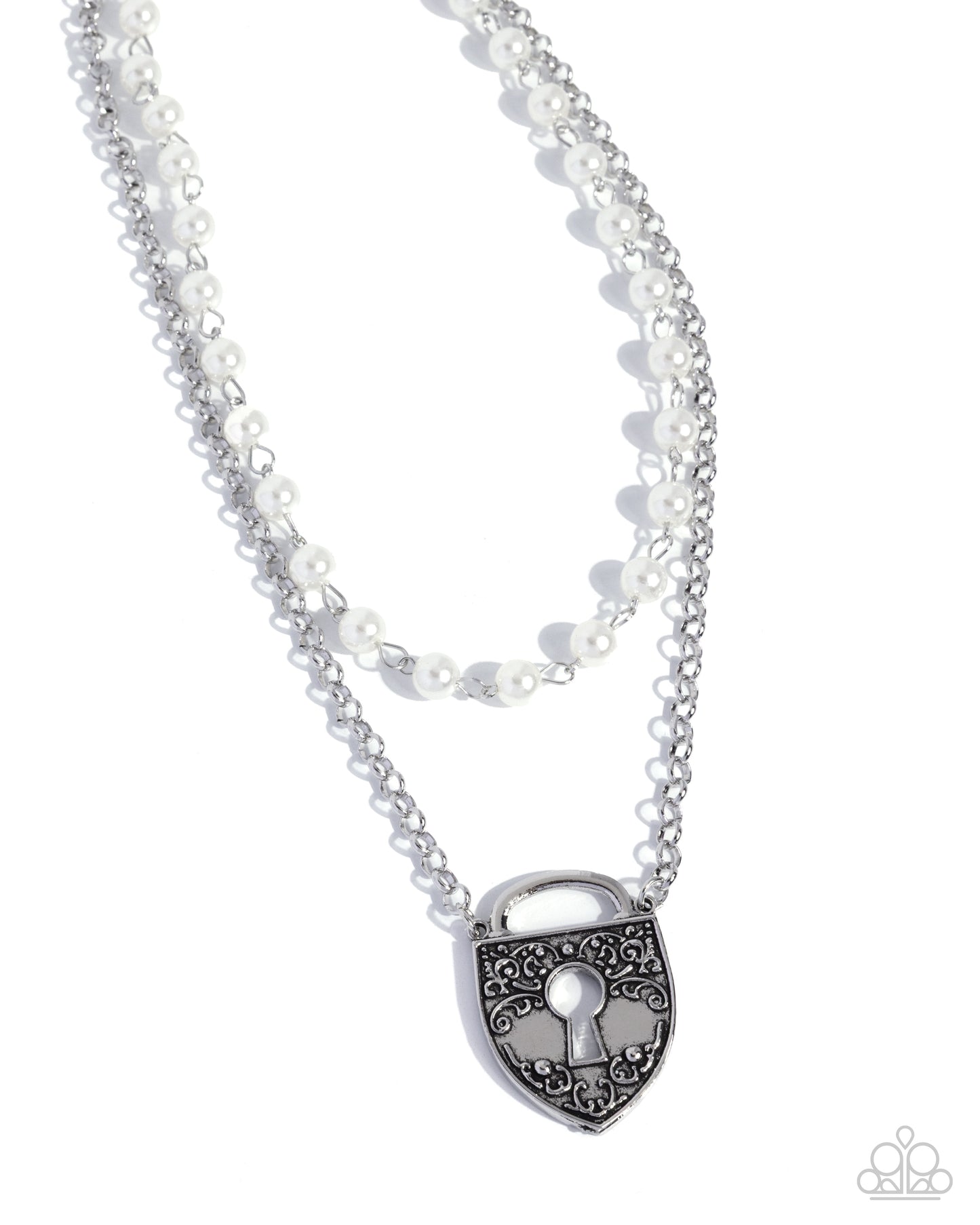Necklace with a silver padlock charm on a white background
