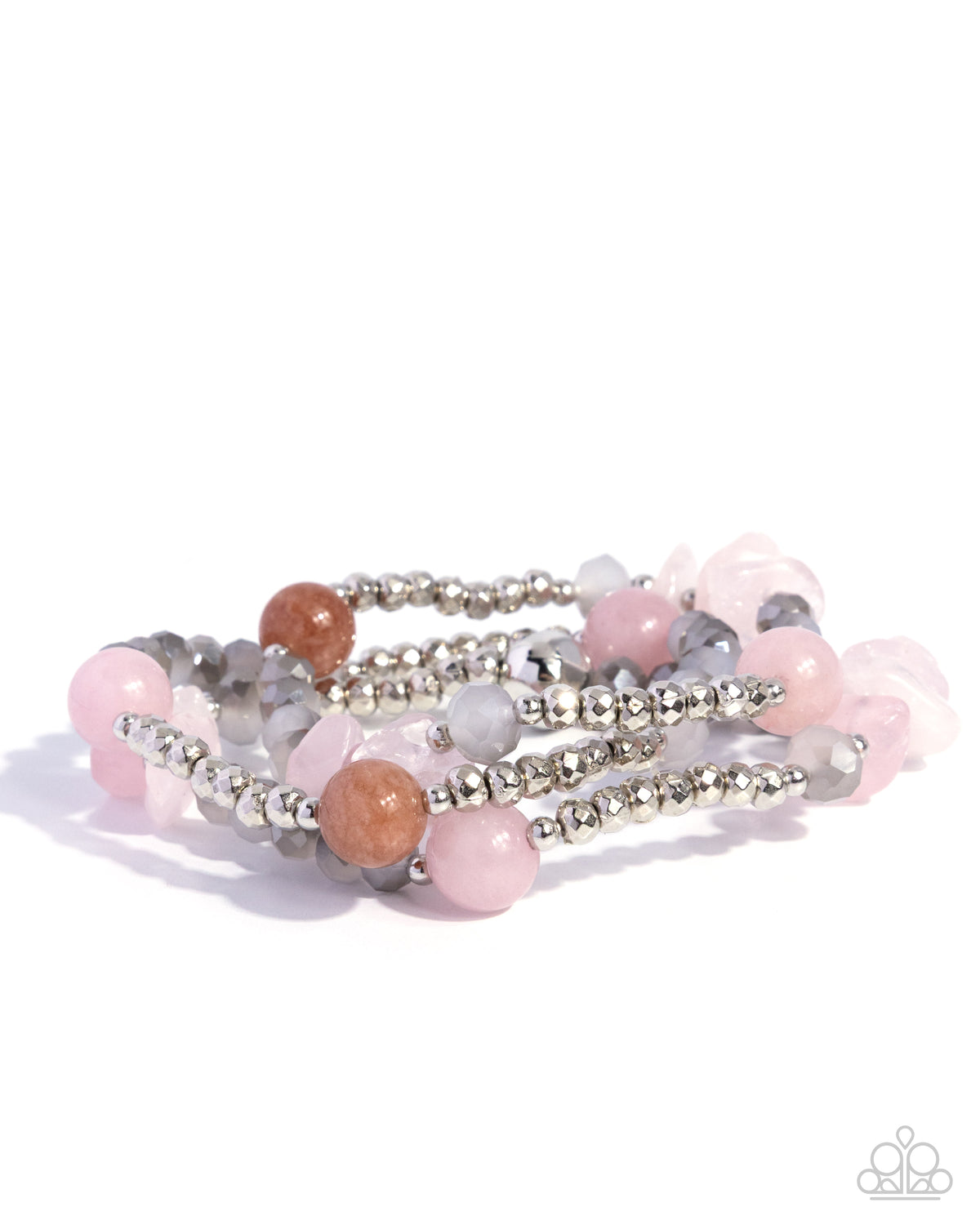 A set of three beaded stretch bracelets featuring pink stone beads, silver faceted beads, and gray stone beads, displayed on a clean white background.