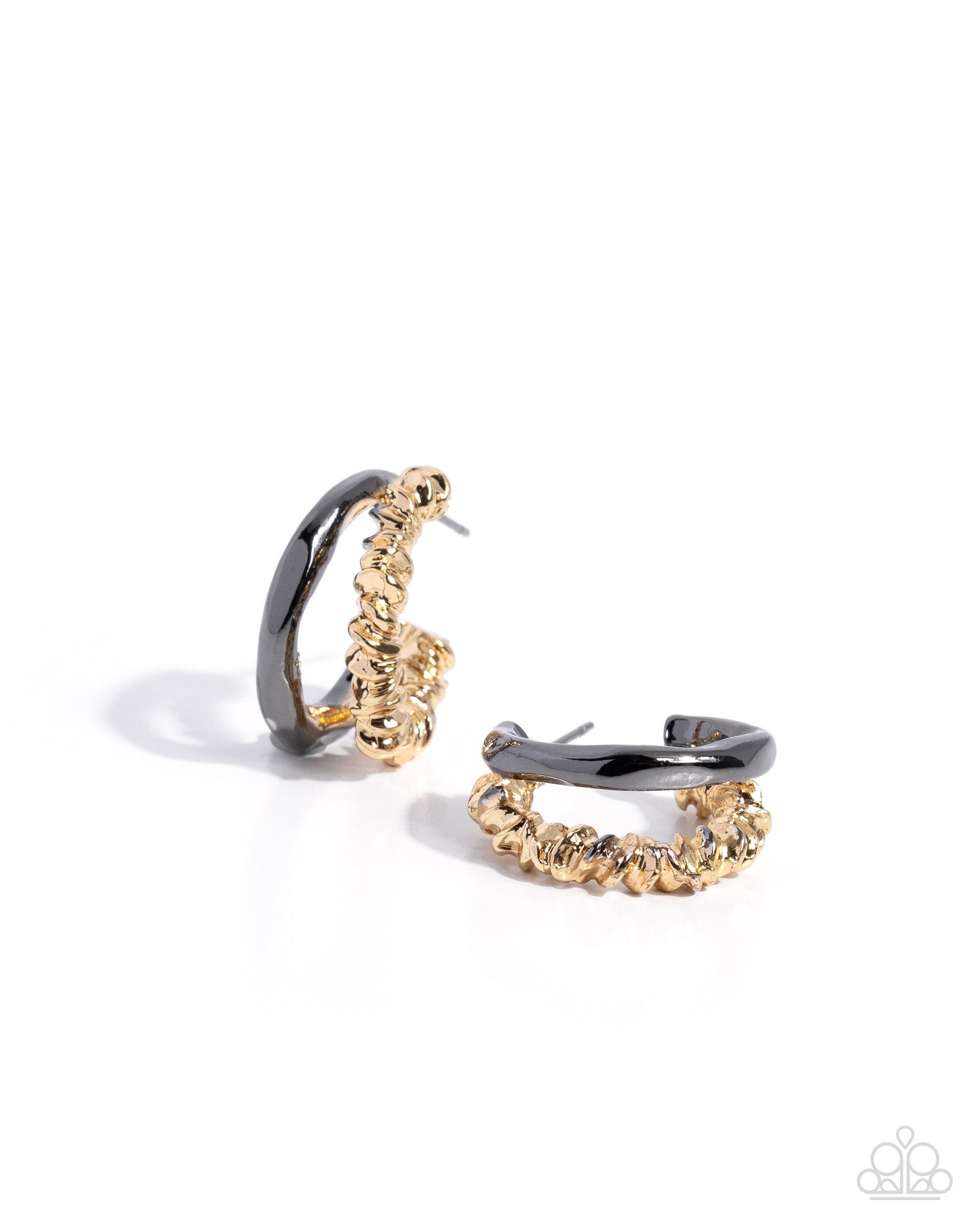 A pair of gold and black hoop earrings with textured, rope-like gold detailing, displayed on a clean white background.