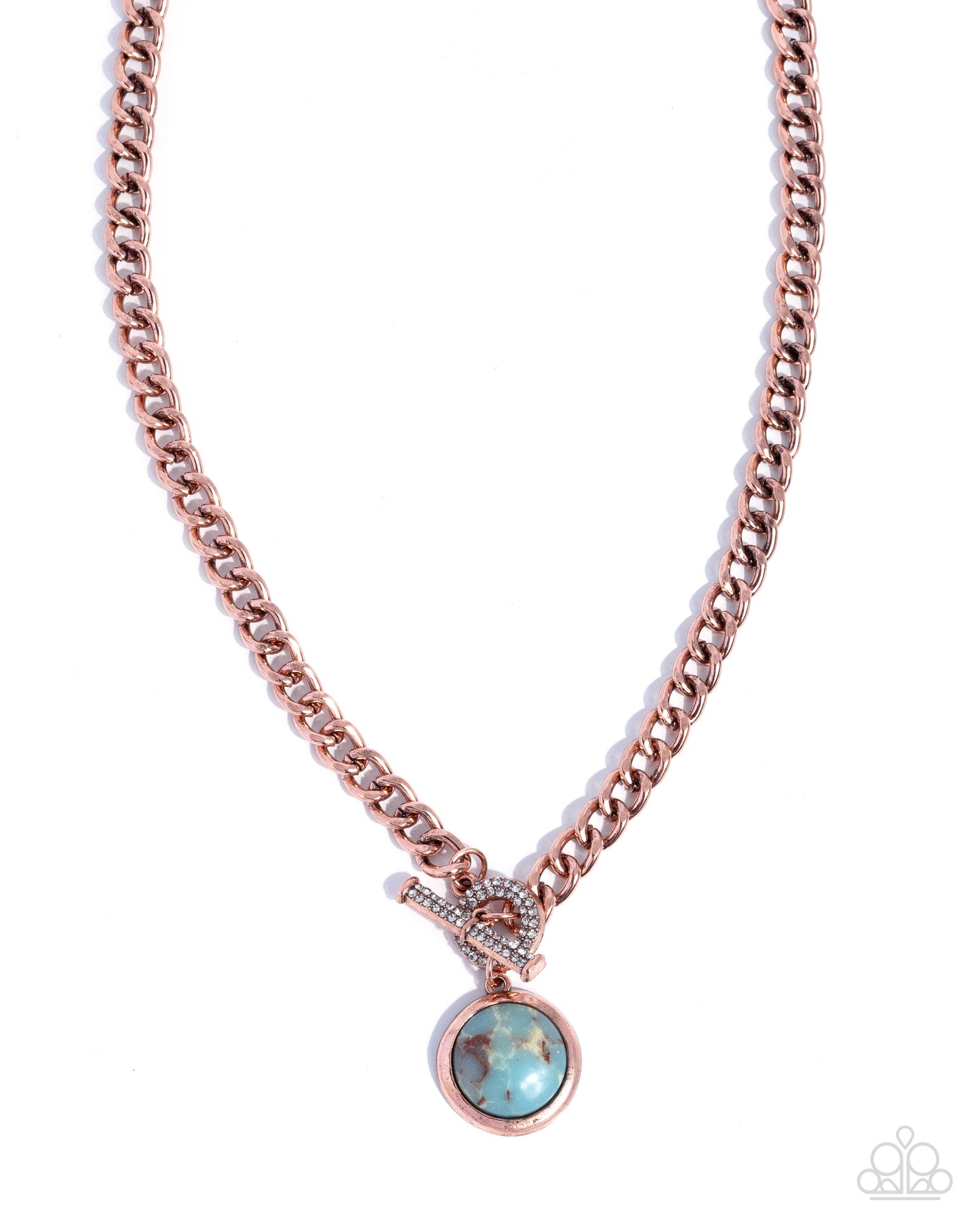 Rose gold chain necklace with a turquoise pendant on a white background
