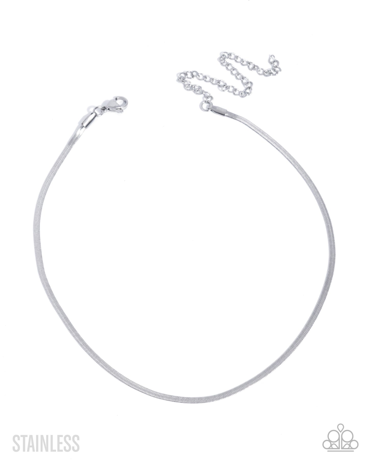 A silver stainless steel snake chain necklace with a lobster clasp and extender chains, shown on a plain white background with 'STAINLESS' text and a small logo watermark.