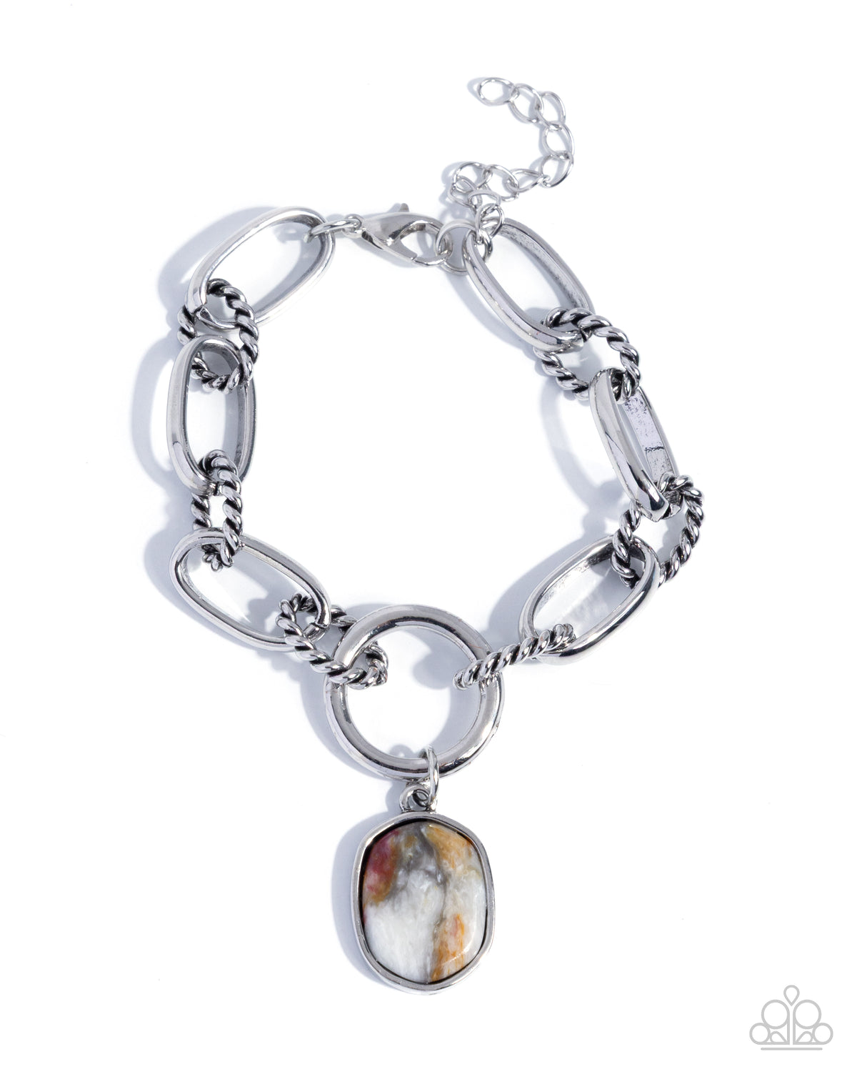 A silver-toned chunky chain bracelet with a large oval pendant featuring a marbled white, brown, and orange stone, shown on a white background with a Paparazzi logo watermark in the corner.