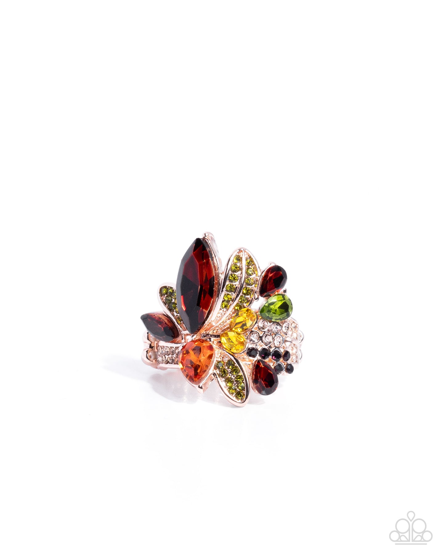 Multicolored gemstone ring with a white background
