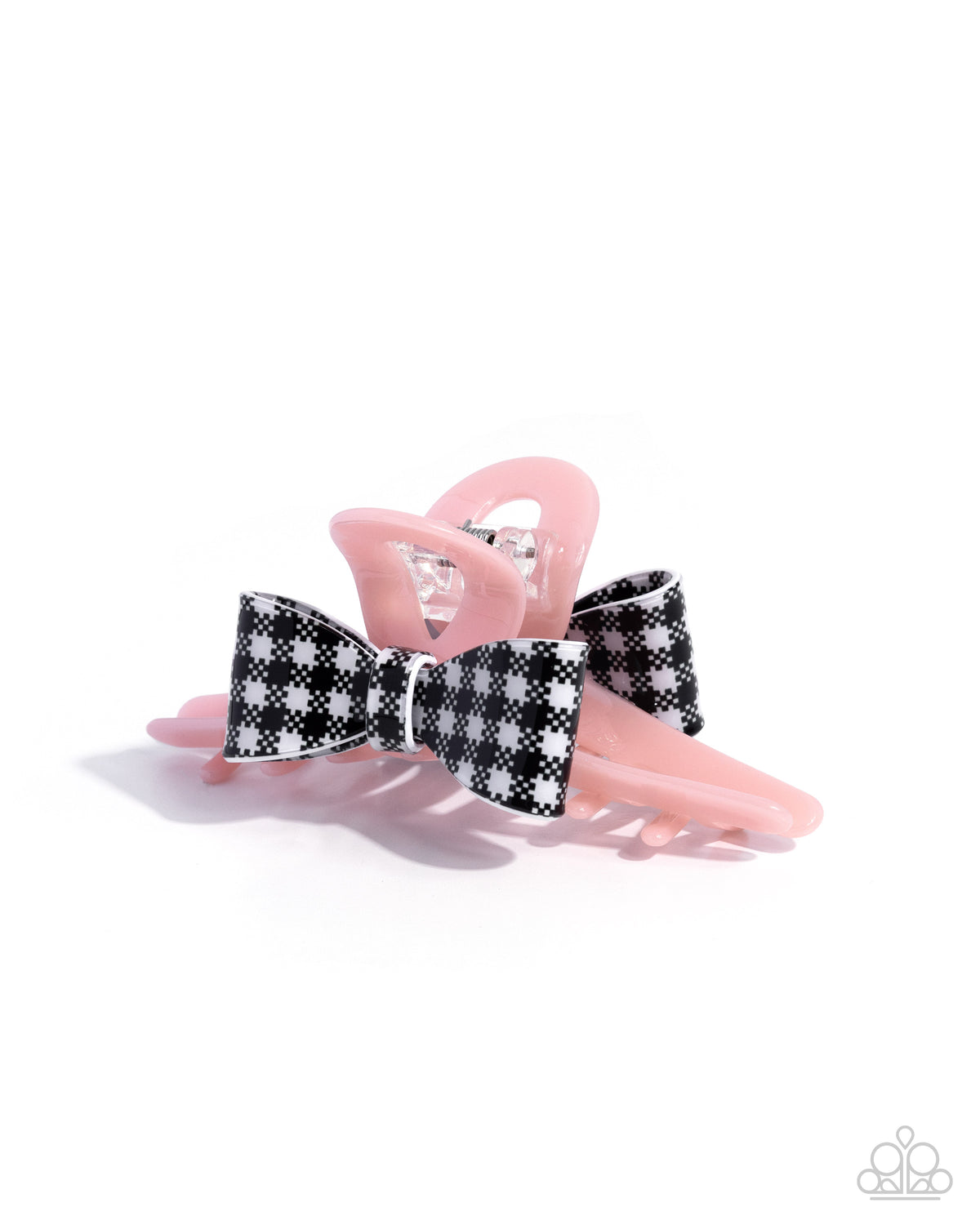 A pink hair claw clip decorated with a black and white gingham patterned bow, shown on a clean white background.