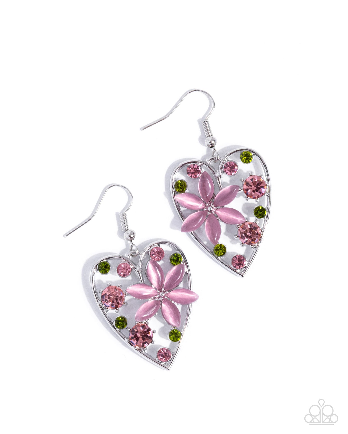Heart-shaped earrings with pink floral designs on a white background