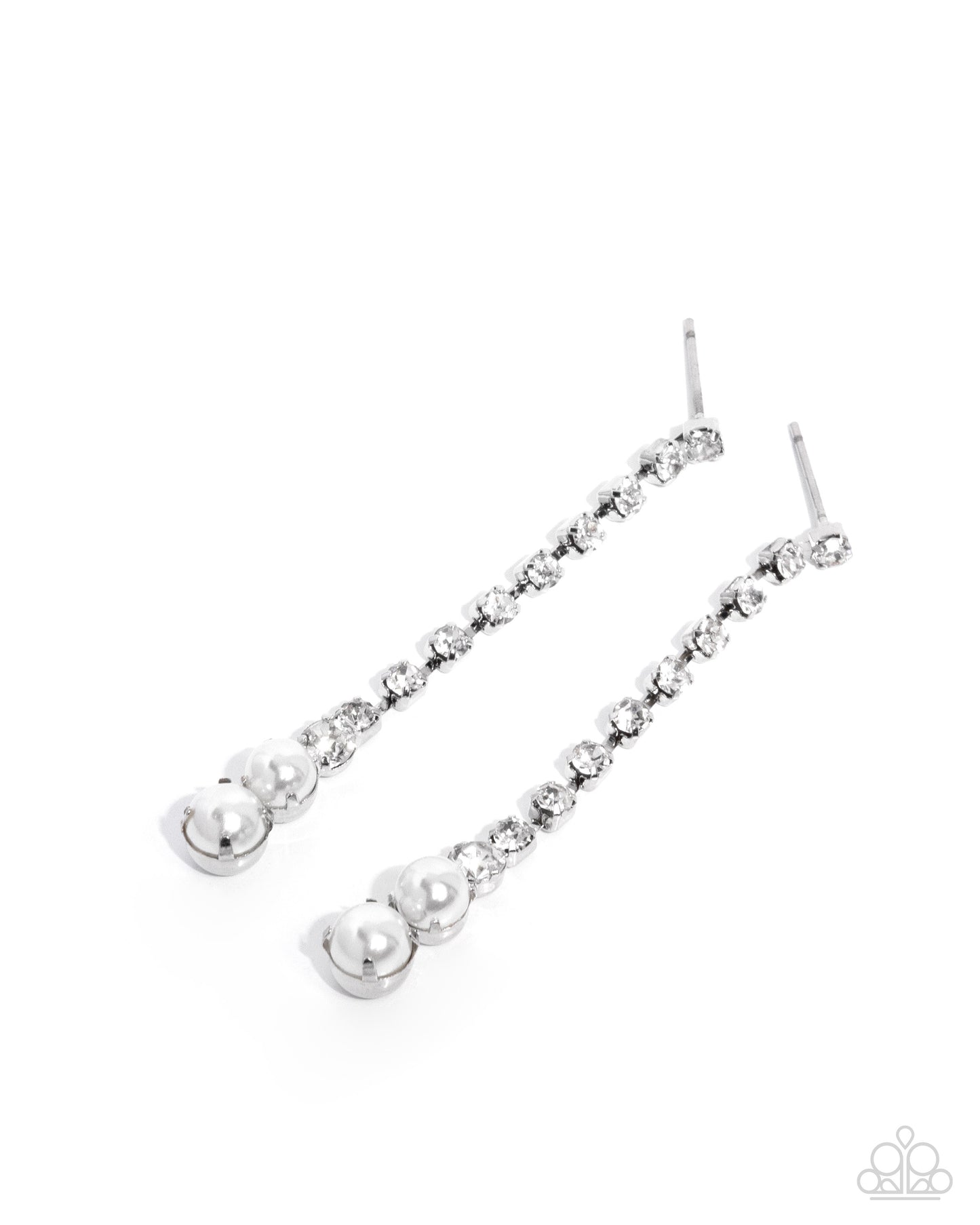 Silver chain earrings with small pearls on a white background