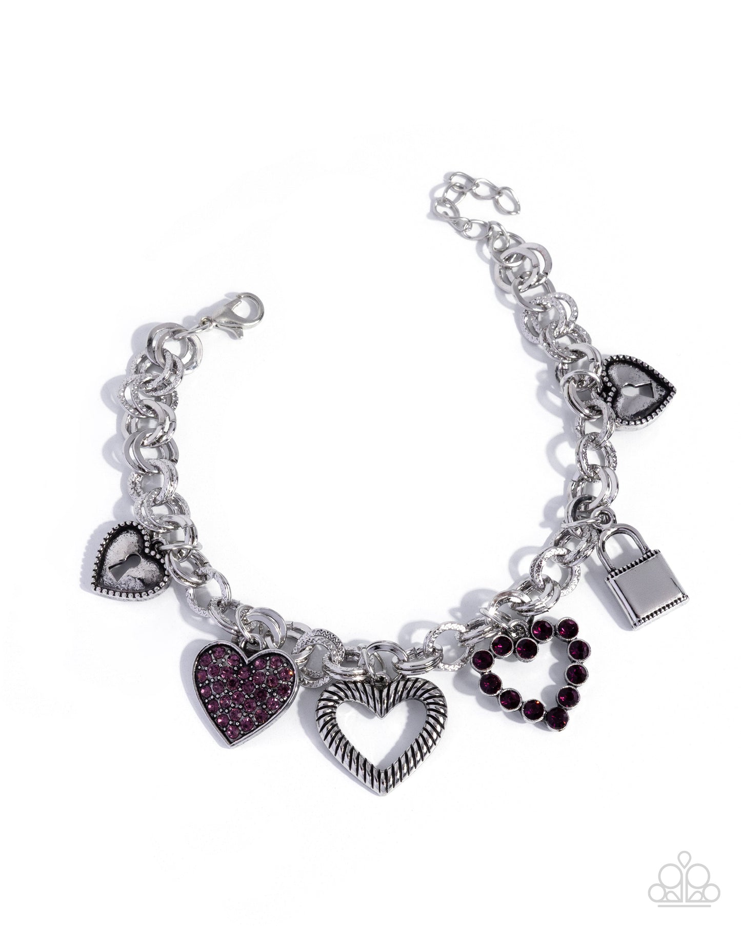 Silver bracelet with heart-shaped charms on a white background
