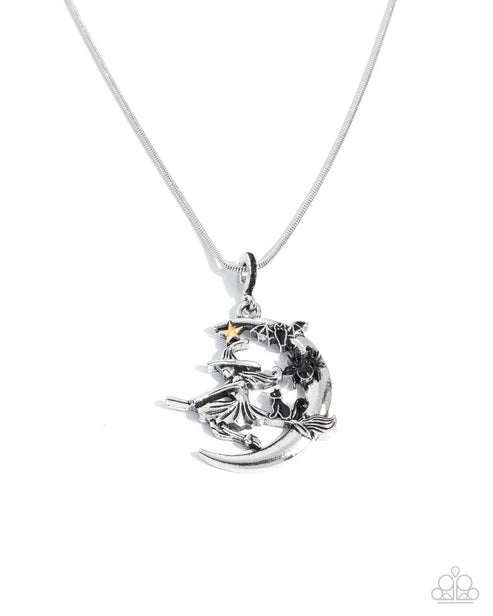 Silver necklace with a decorative pendant on a white background