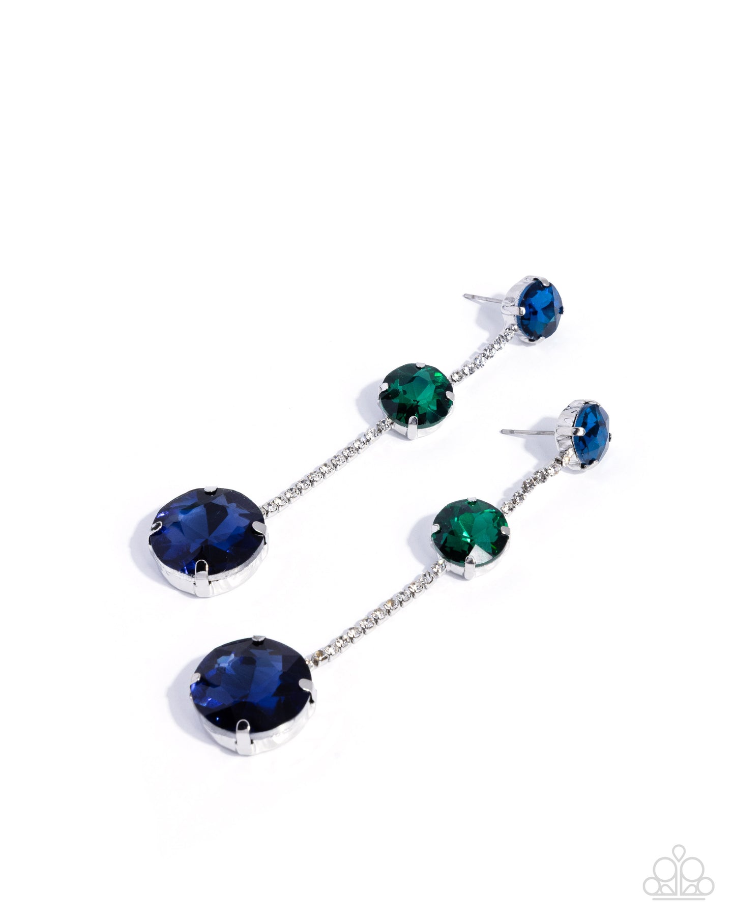 Pair of earrings with blue and green gemstones on a white background