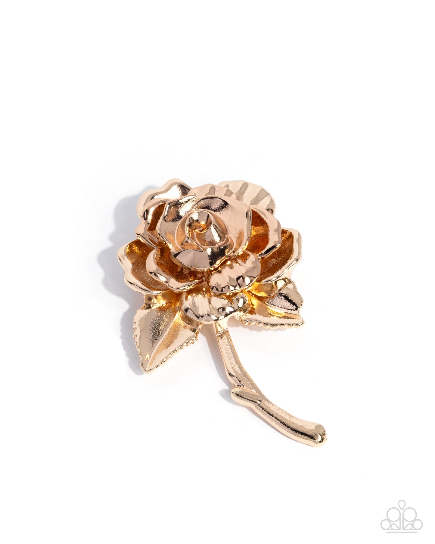 Gold rose-shaped brooch on a white background