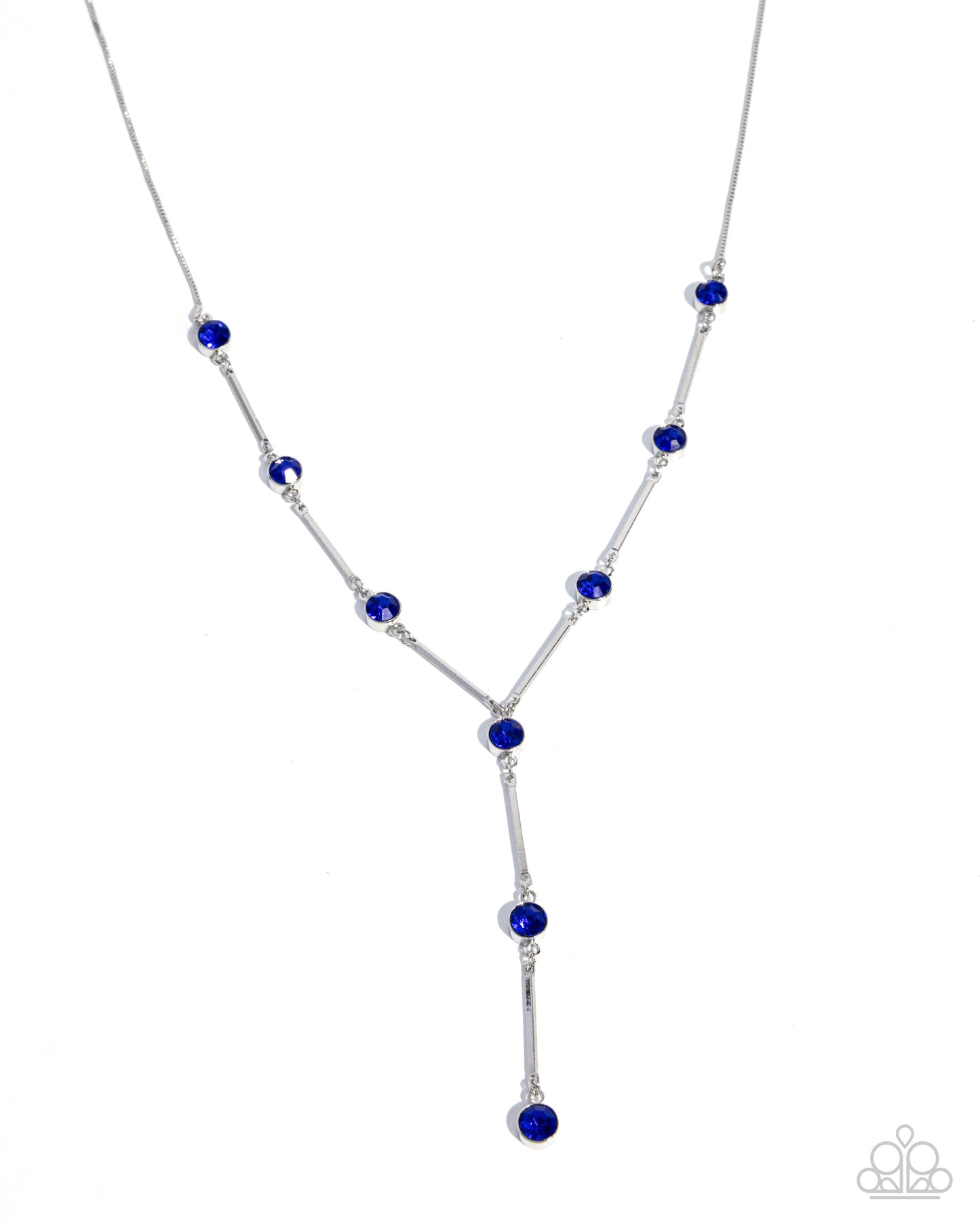 Silver necklace with blue beads on a white background