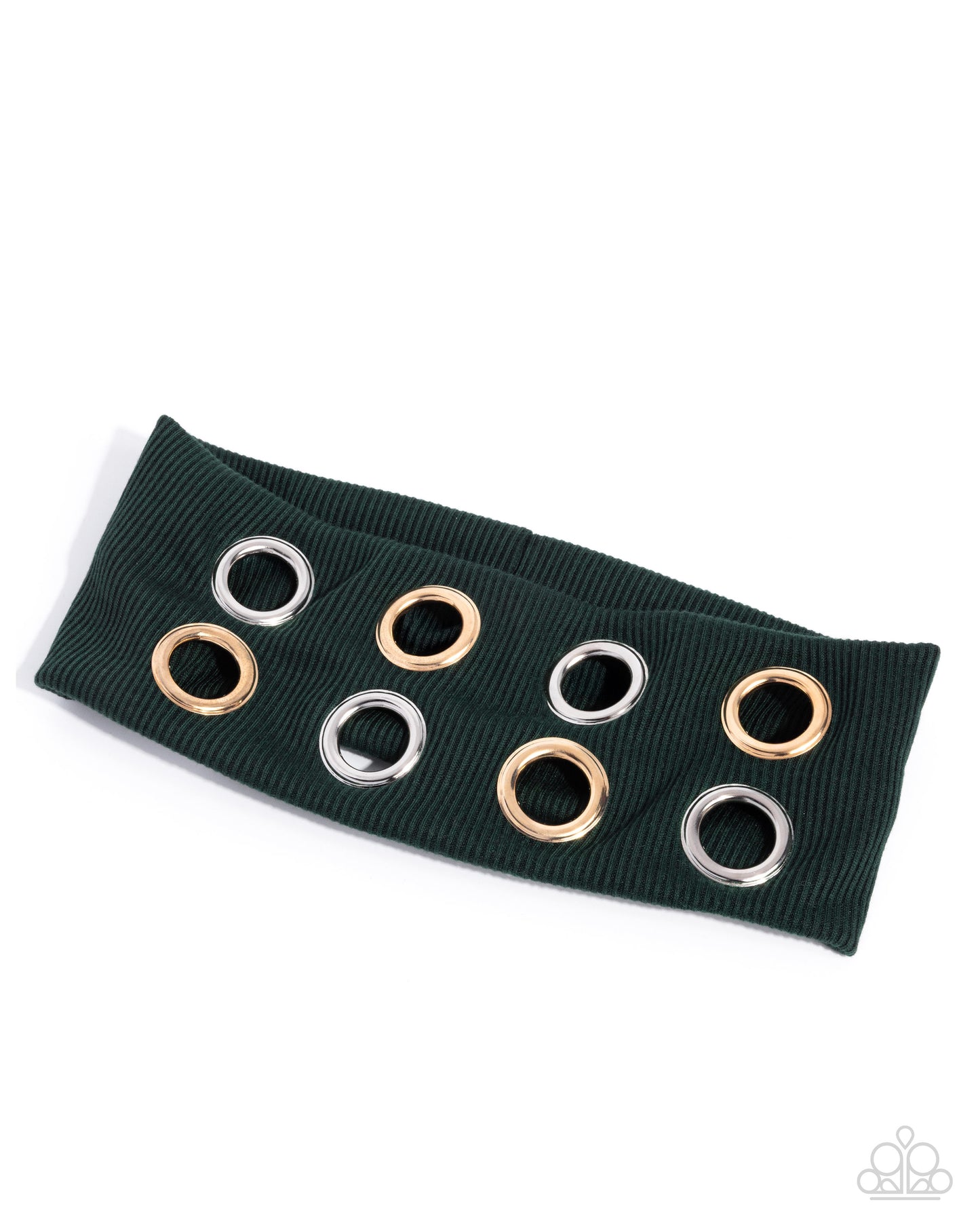 Set of grommets on a green ribbon with a white background