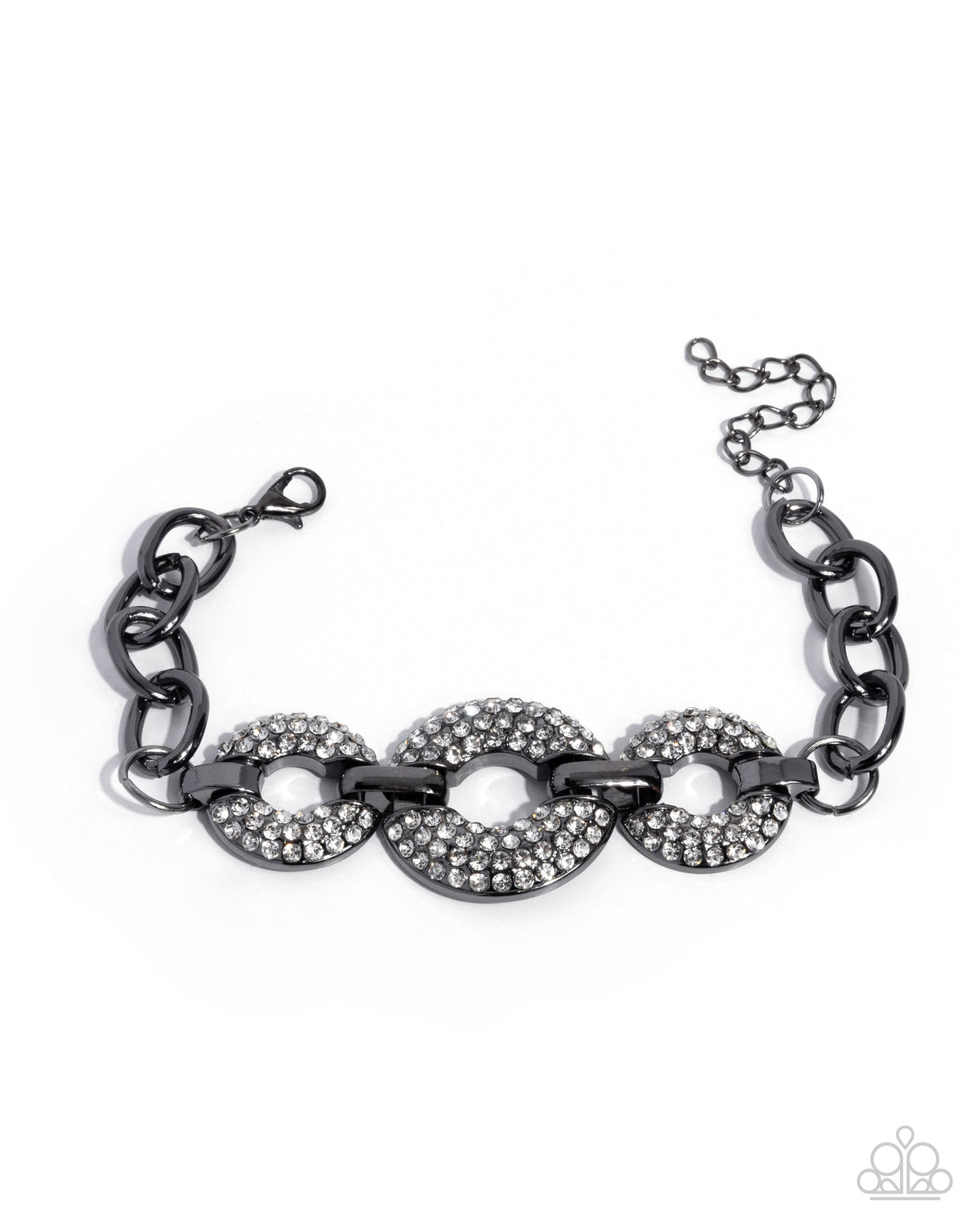 A dark gunmetal chain bracelet with three oval links paved with clear rhinestones, displayed on a clean white background with a small Paparazzi logo watermark in the bottom right corner.
