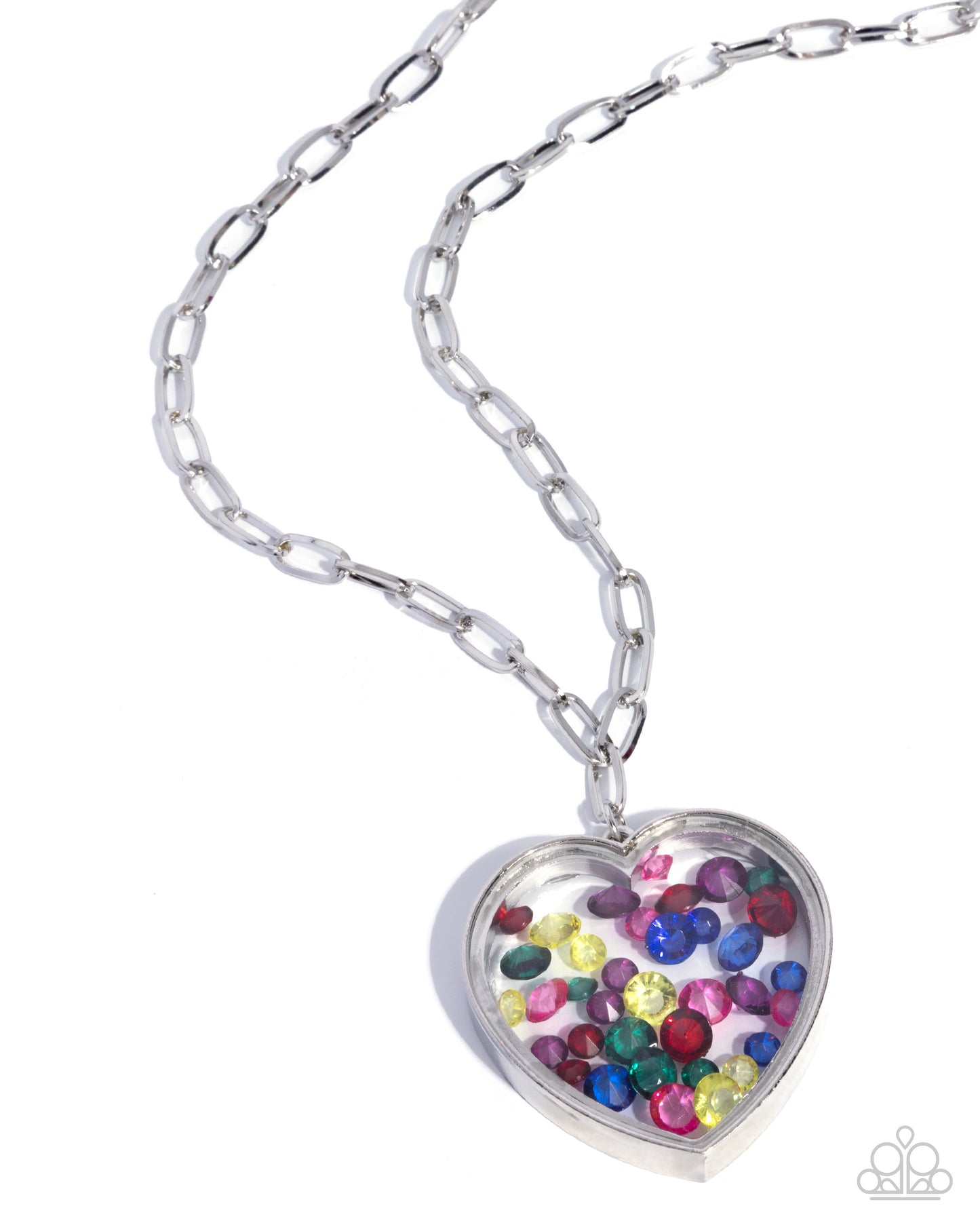 Heart-shaped locket with colorful stones on a silver chain against a white background