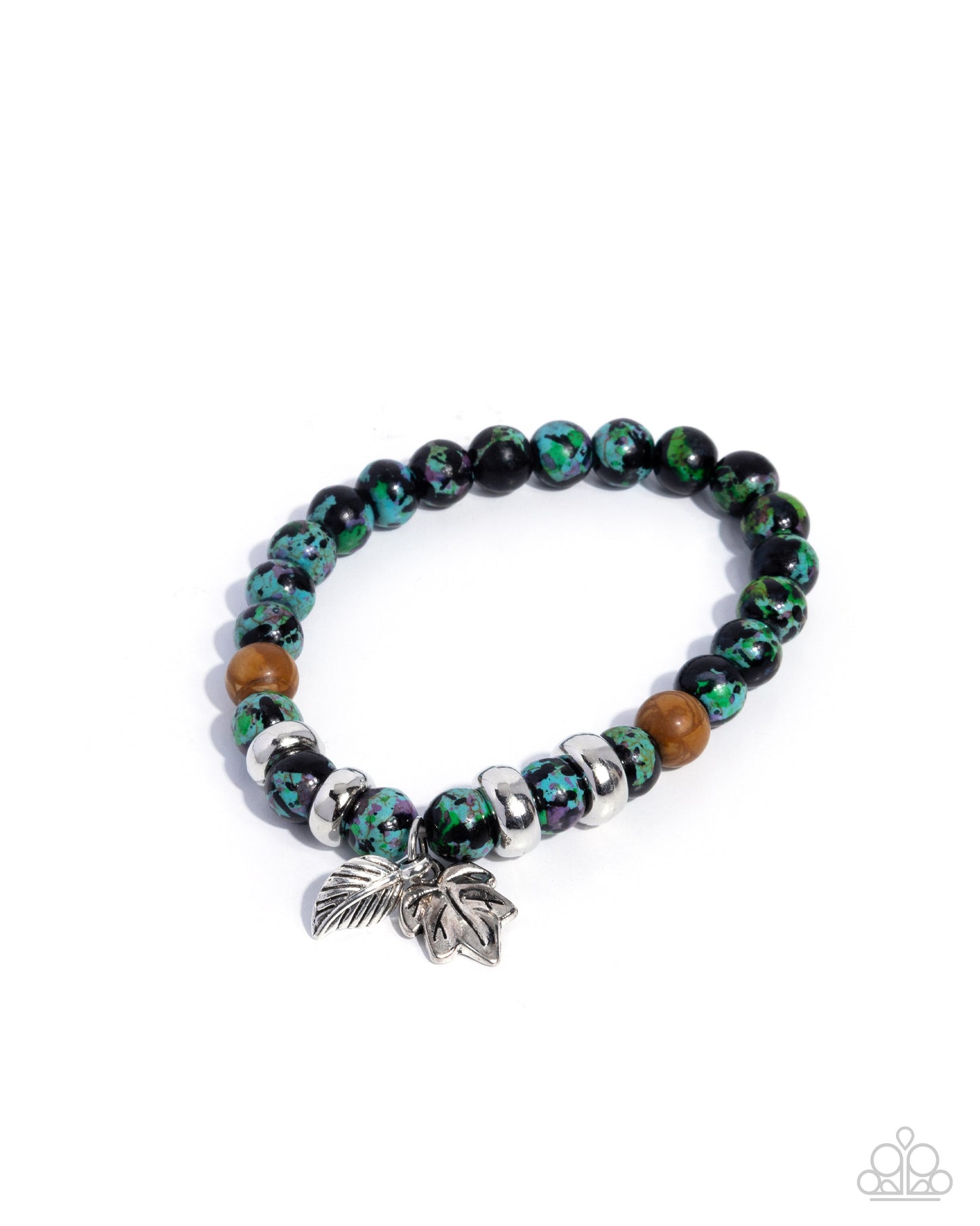 Multicolored beaded bracelet with leaf charms on a white background