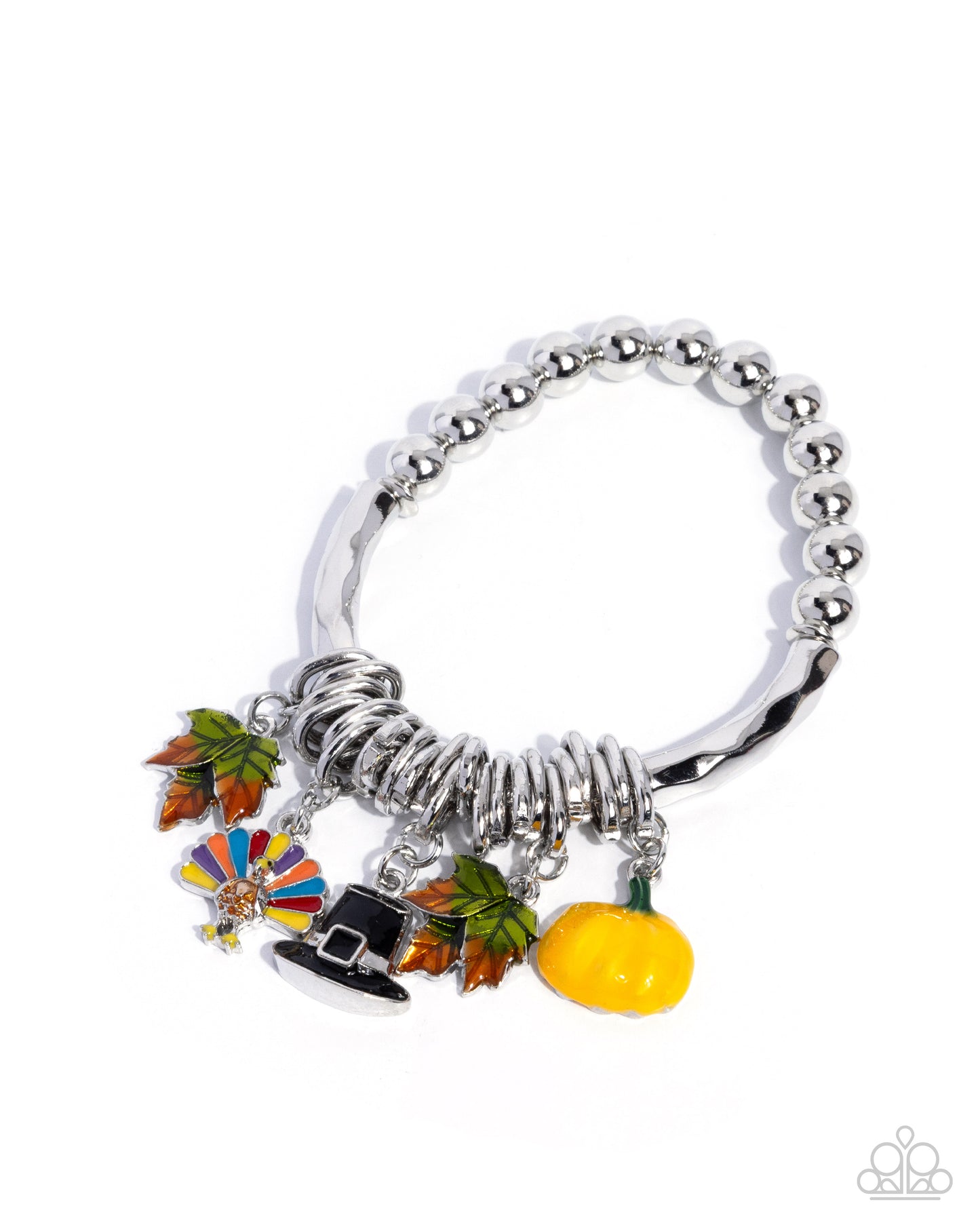 Silver bracelet with colorful charms on a white background