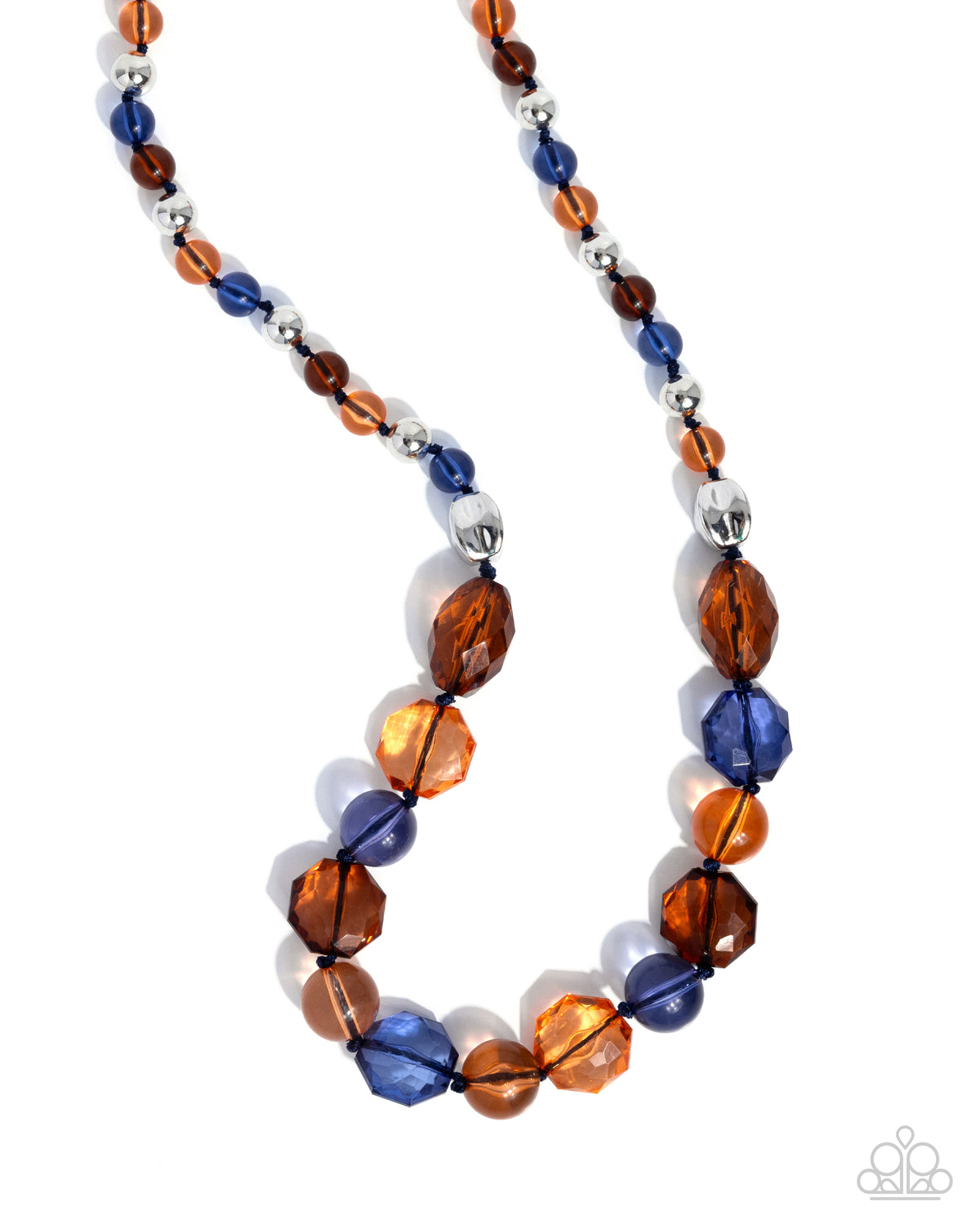 A beaded necklace featuring faceted amber-brown, deep blue, and metallic silver beads, displayed on a clean white background.