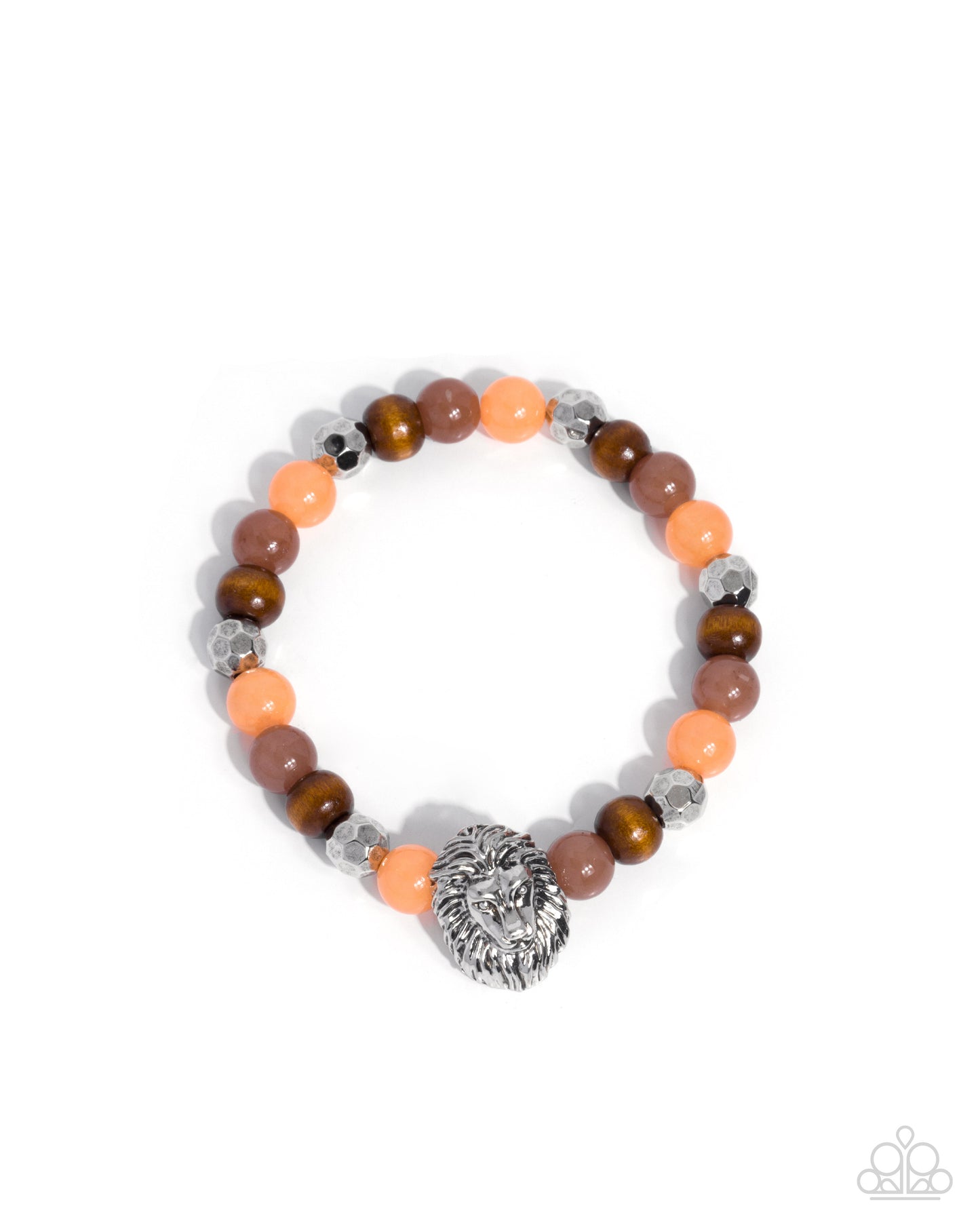 Beaded bracelet with orange, brown, and silver elements on a white background