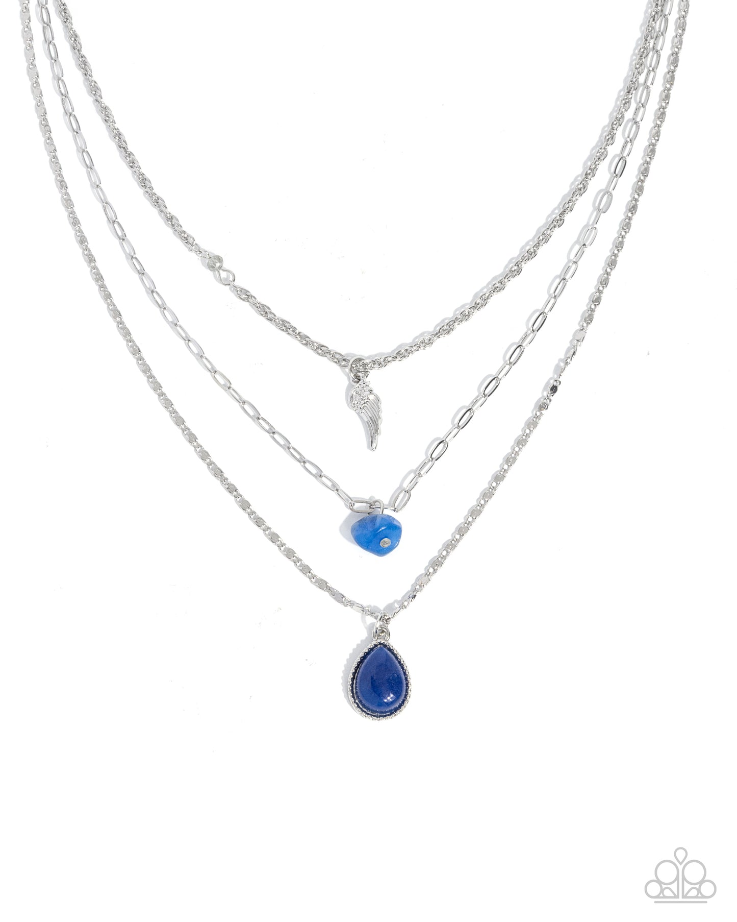 Three silver necklaces with blue teardrop pendants on a white background