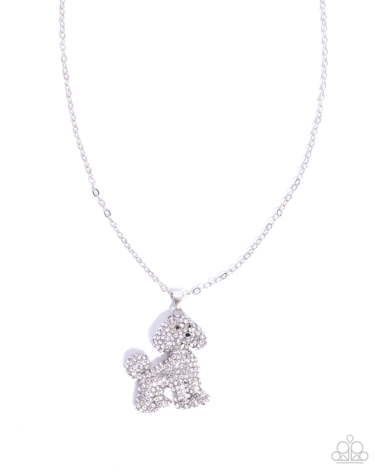 Silver poodle-shaped pendant on a chain against a white background