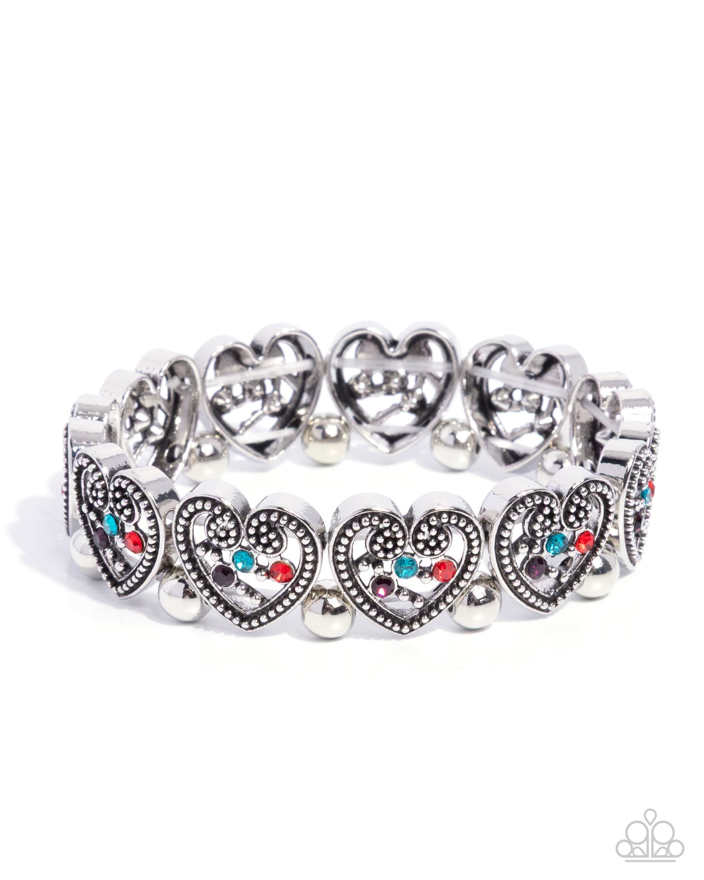 Silver heart-shaped bracelet with colorful gemstones on a white background