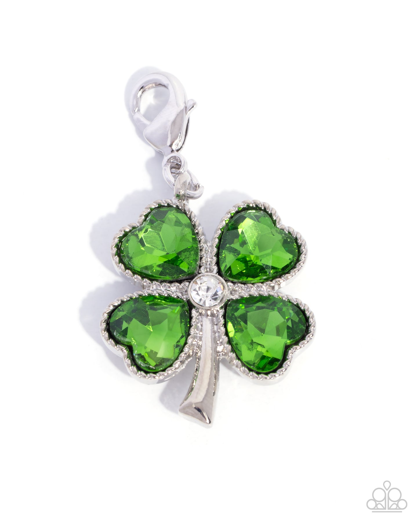 Green four-leaf clover charm with silver accents on a white background