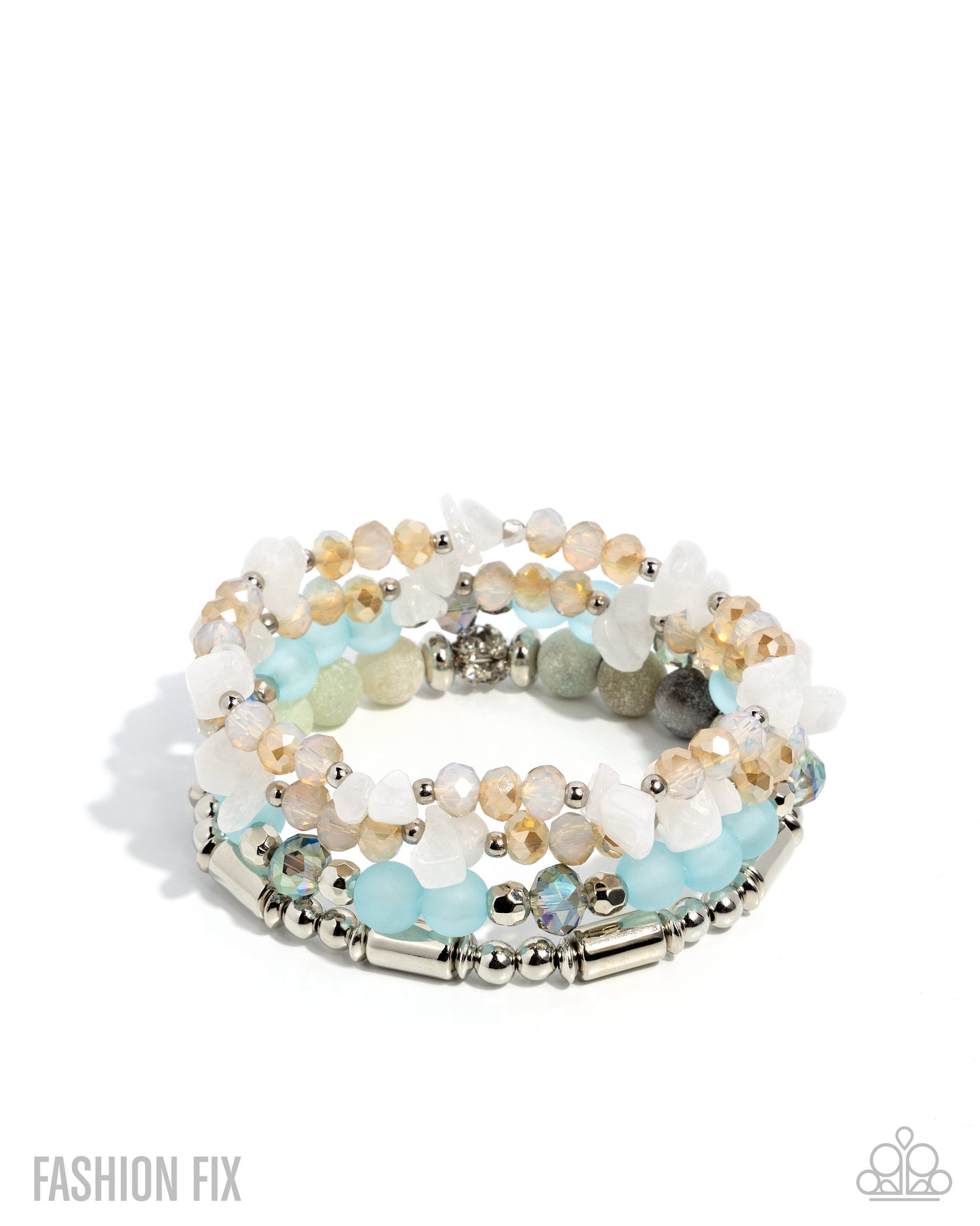 Multistrand beaded bracelet with white, beige, and blue beads on a white background