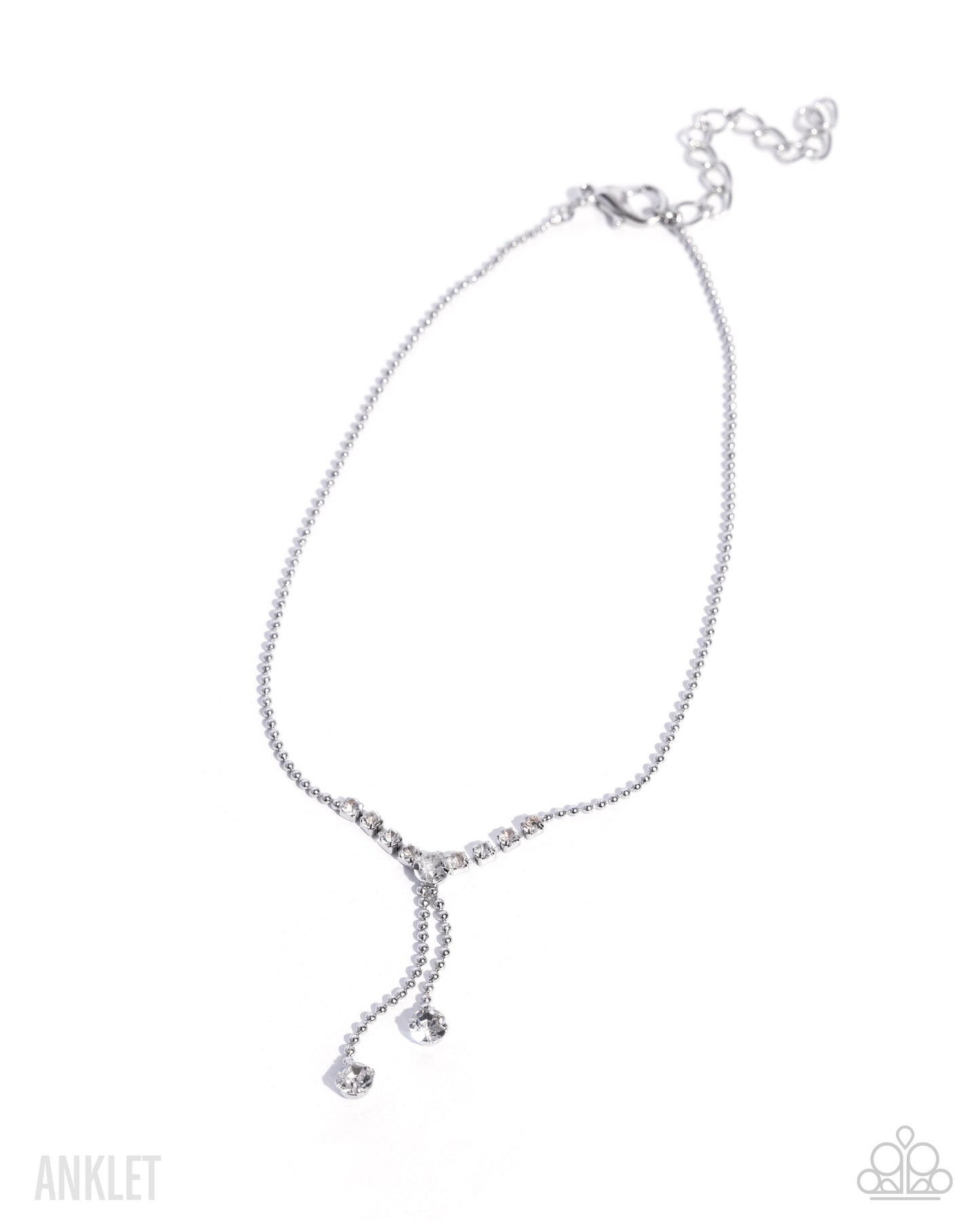 A silver-toned anklet with a delicate chain, a Y-shaped drop design, and a small heart charm, displayed on a clean white background.