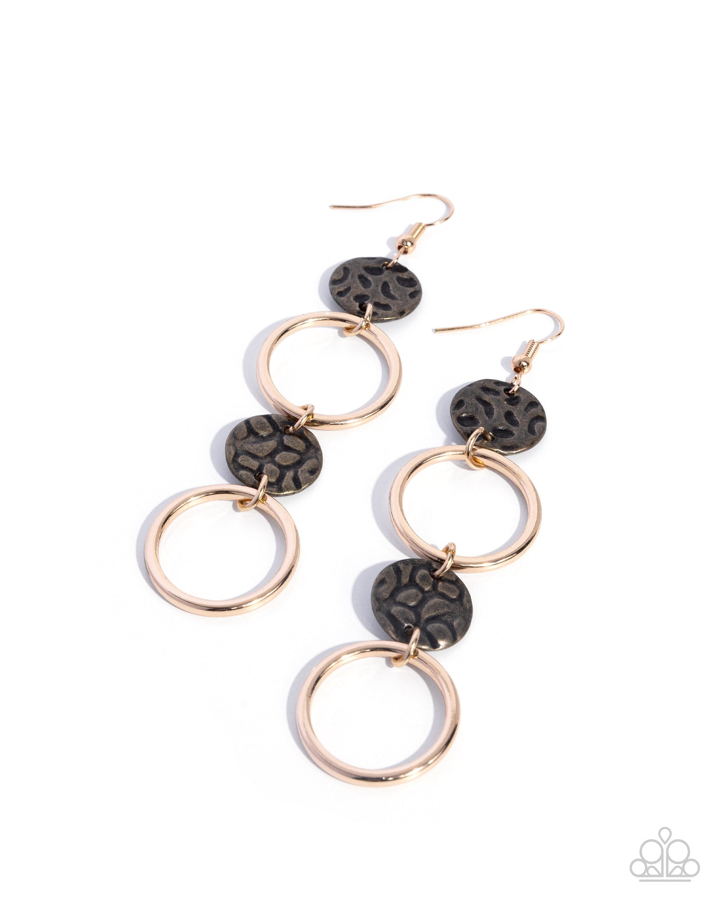 A pair of dangle earrings featuring textured black circular beads and polished rose gold-toned rings, shown on a clean white background.