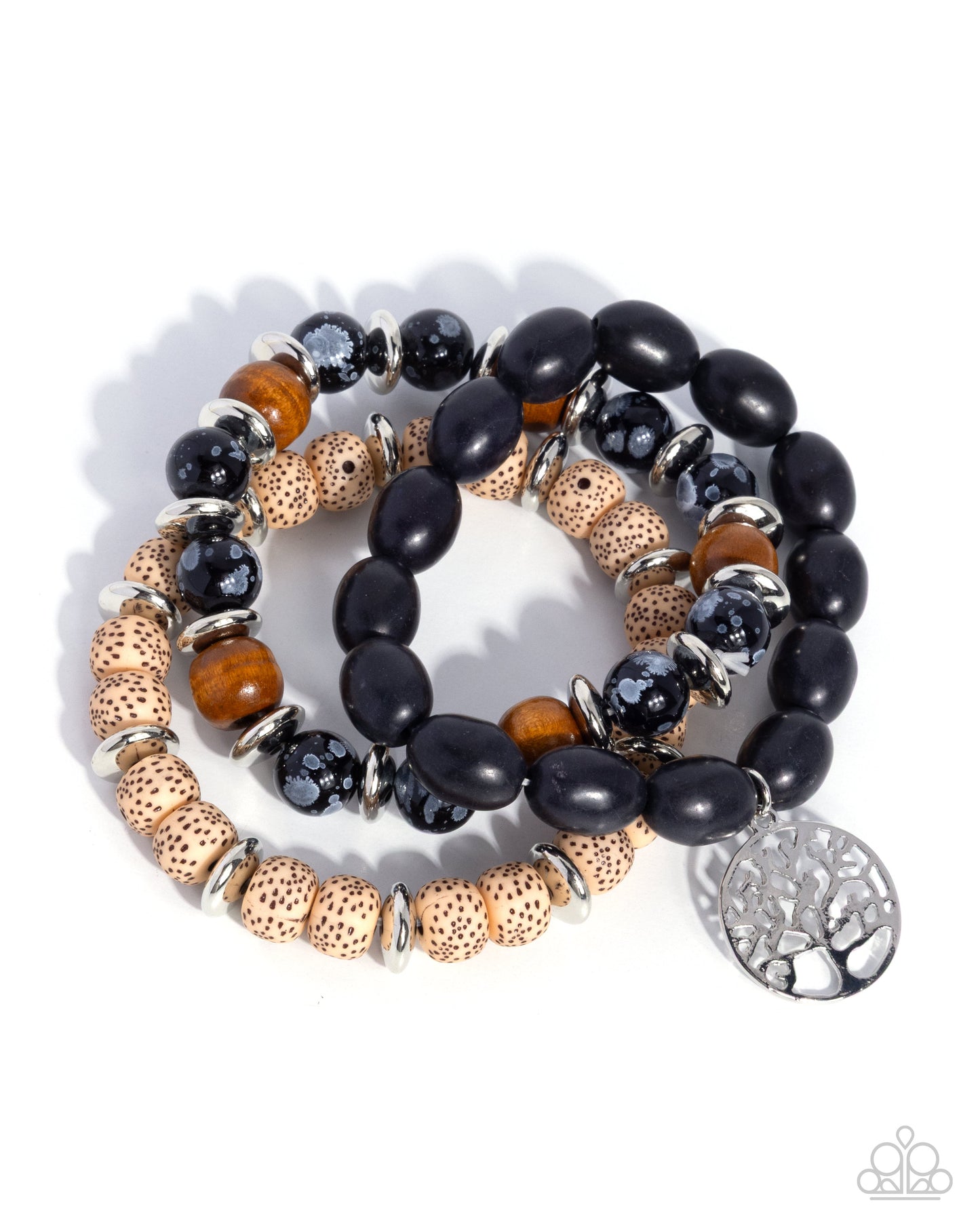 Two beaded bracelets with black, brown, and silver beads on a white background