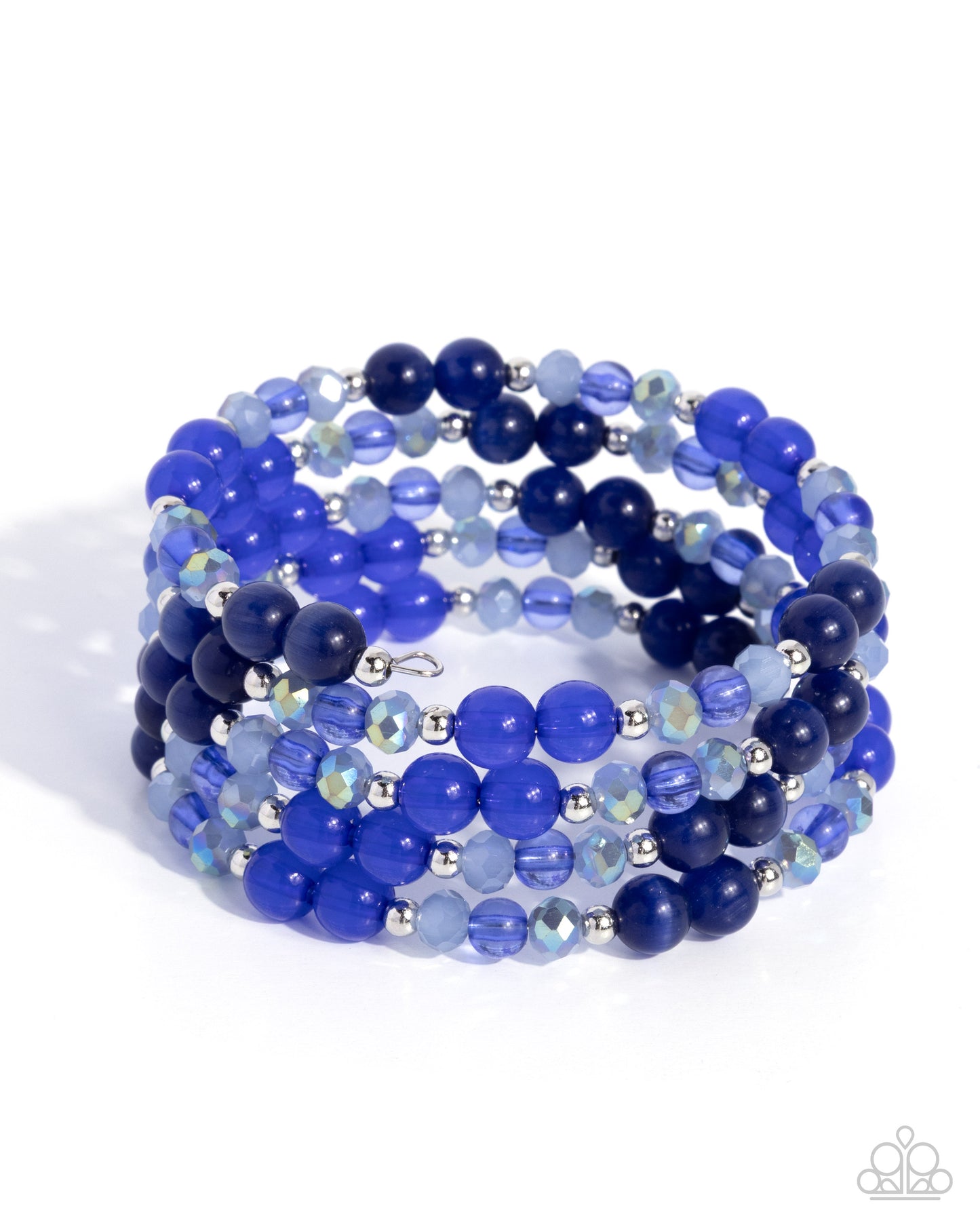 Stack of blue beaded bracelets on a white background