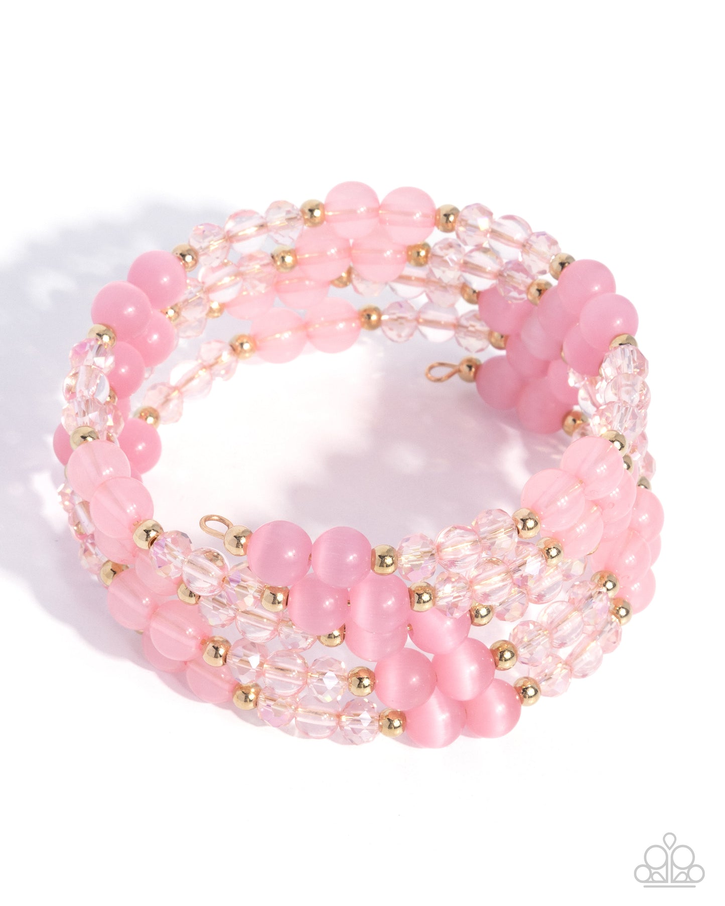 Pink beaded bracelet with gold accents on a white background