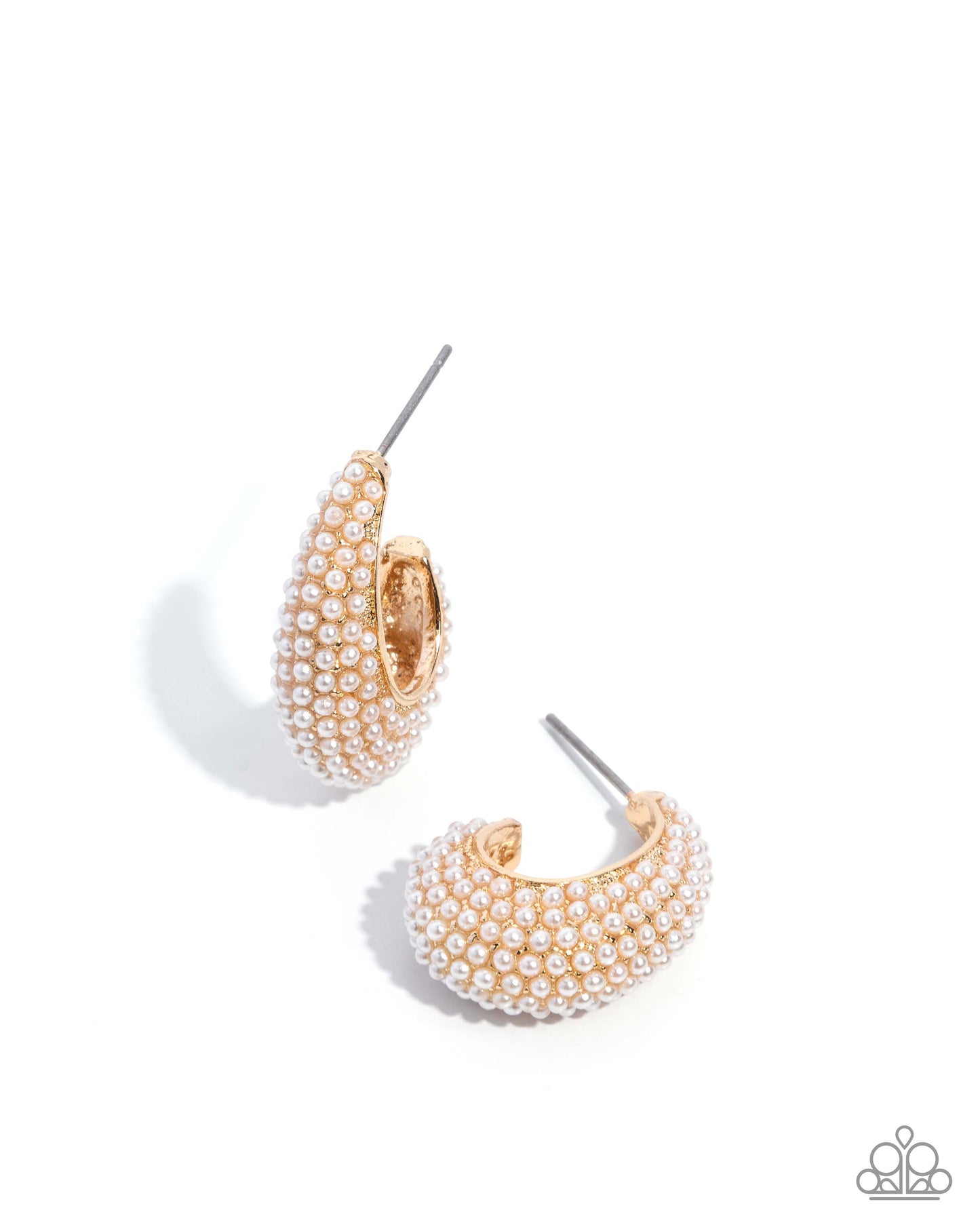 Pair of gold hoop earrings with pearl-like beads on a white background