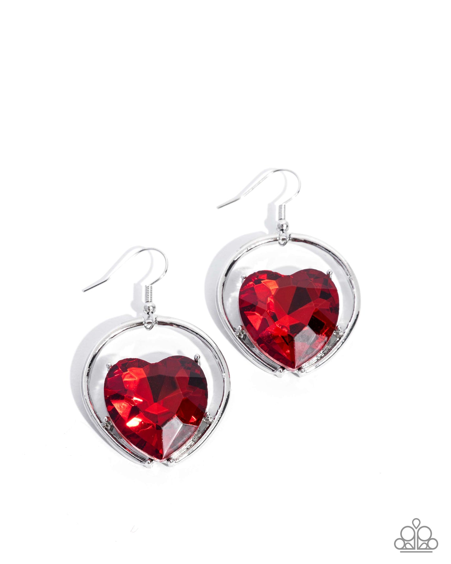 Red heart-shaped earrings with silver frames on a white background