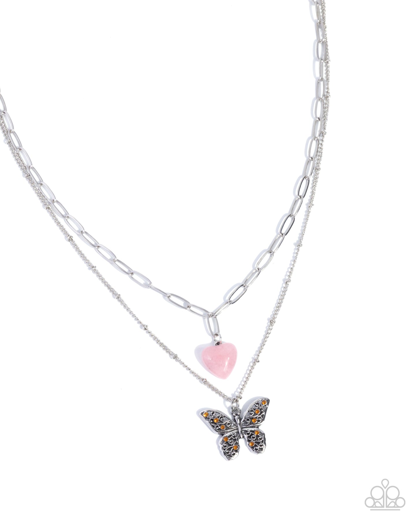 Necklace with butterfly and heart pendant on a white background