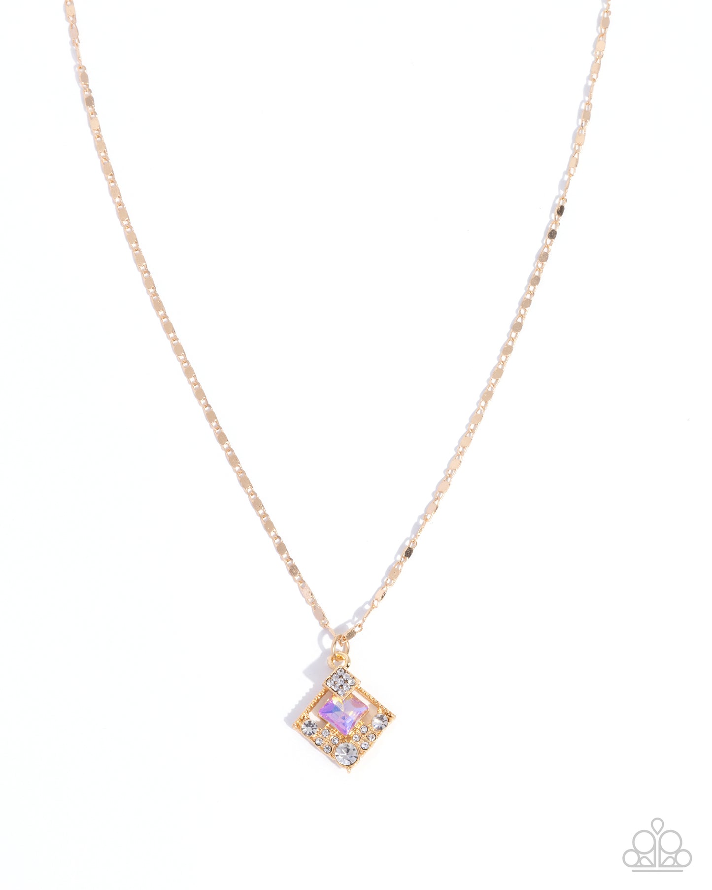 Necklace with a square pendant featuring a purple gemstone on a white background