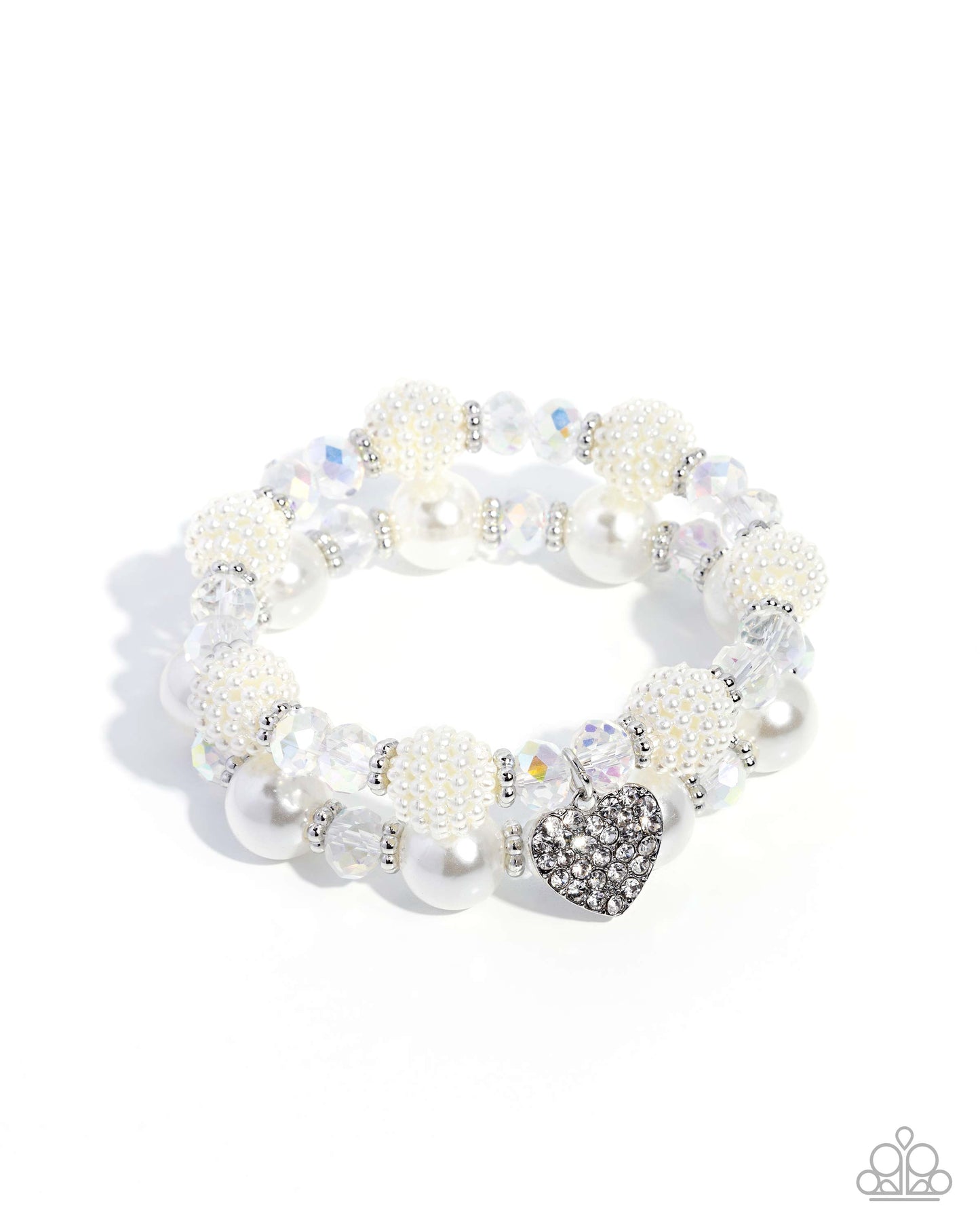 White beaded bracelet with a heart charm on a white background
