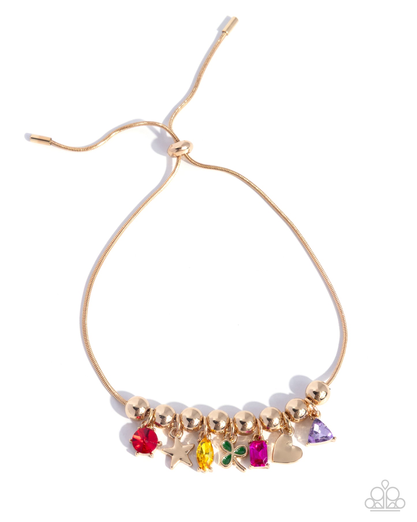Gold necklace with colorful charms on a white background