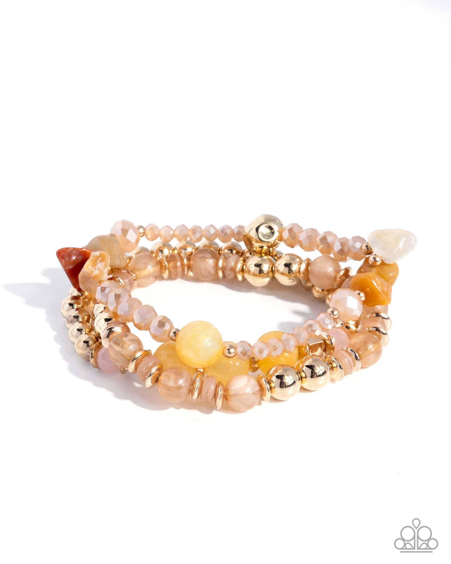 Stack of beaded bracelets with gold accents on a white background