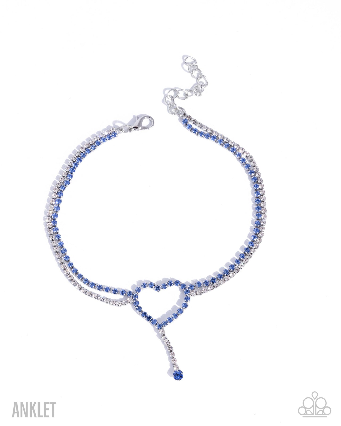 Silver anklet with blue and clear beads on a white background